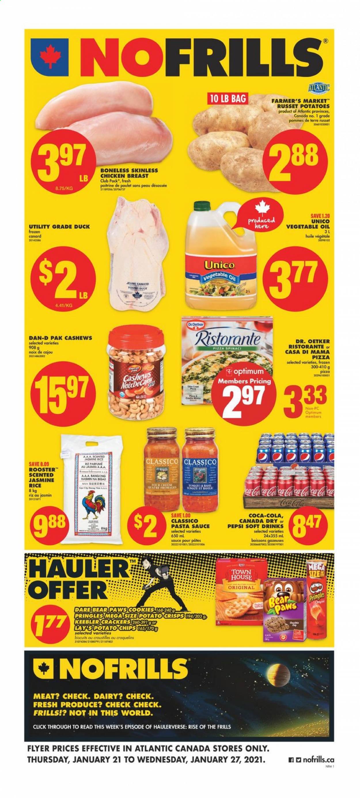 thumbnail - No Frills Flyer - January 21, 2021 - January 27, 2021 - Sales products - russet potatoes, pizza, pasta sauce, sauce, Dr. Oetker, cookies, crackers, biscuit, Keebler, potato crisps, potato chips, Pringles, Lay’s, Dan-D Pak, rice, jasmine rice, Classico, vegetable oil, oil, cashews, Canada Dry, Coca-Cola, Pepsi, soft drink, chicken breasts, chicken, Paws, Optimum. Page 1.