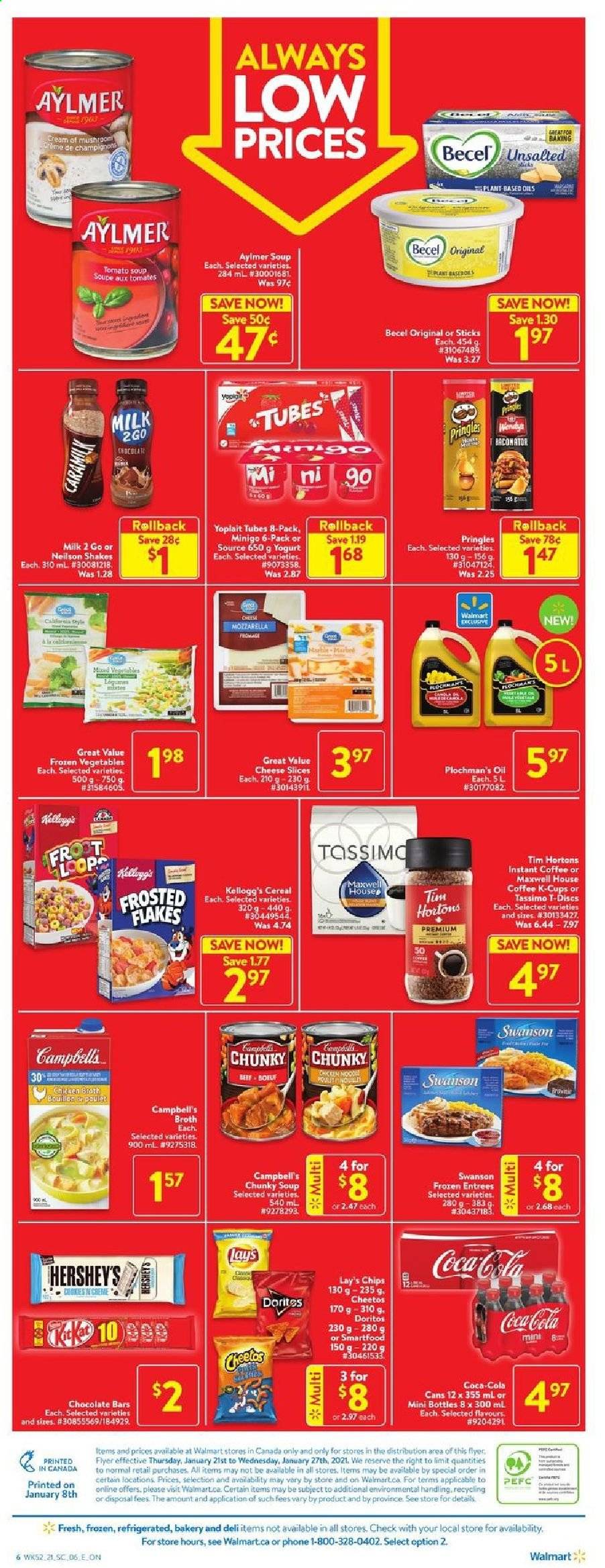 thumbnail - Walmart Flyer - January 21, 2021 - January 27, 2021 - Sales products - Campbell's, tomato soup, soup, sliced cheese, cheese, yoghurt, Yoplait, milk, shake, Hershey's, frozen vegetables, Kellogg's, chocolate bar, Doritos, Pringles, Cheetos, Lay’s, Smartfood, broth, cereals, Frosted Flakes, oil, Coca-Cola, Maxwell House, instant coffee, coffee capsules, K-Cups, mozzarella. Page 3.
