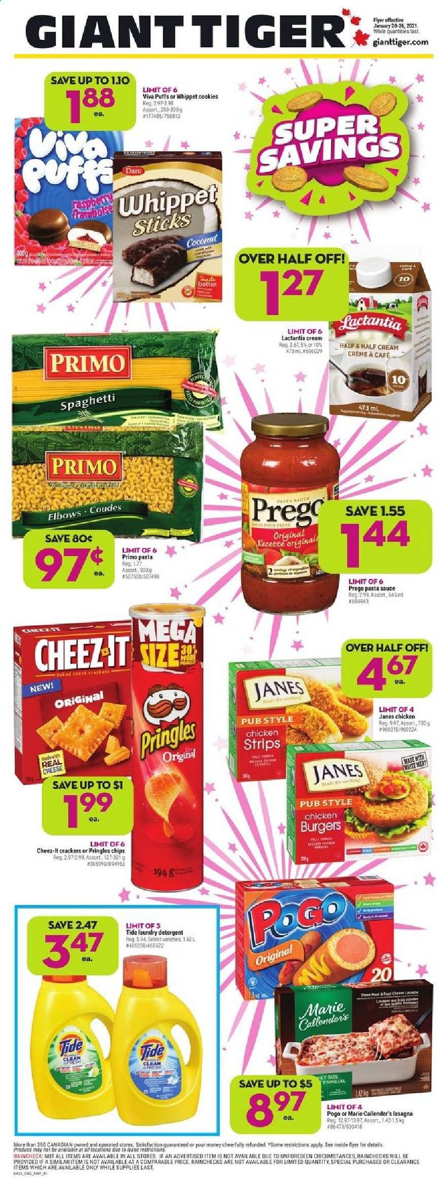 thumbnail - Giant Tiger Flyer - January 20, 2021 - January 26, 2021 - Sales products - puffs, coconut, spaghetti, hamburger, pasta, lasagna meal, Marie Callender's, strips, chicken strips, cookies, crackers, Pringles, Cheez-It, Half and half, Tide, laundry detergent, chips. Page 1.