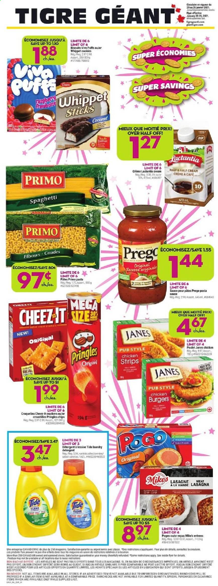thumbnail - Giant Tiger Flyer - January 20, 2021 - January 26, 2021 - Sales products - puffs, coconut, spaghetti, pasta sauce, hamburger, sauce, lasagna meal, strips, crackers, biscuit, Pringles, Half and half, Tide, laundry detergent, chips. Page 1.