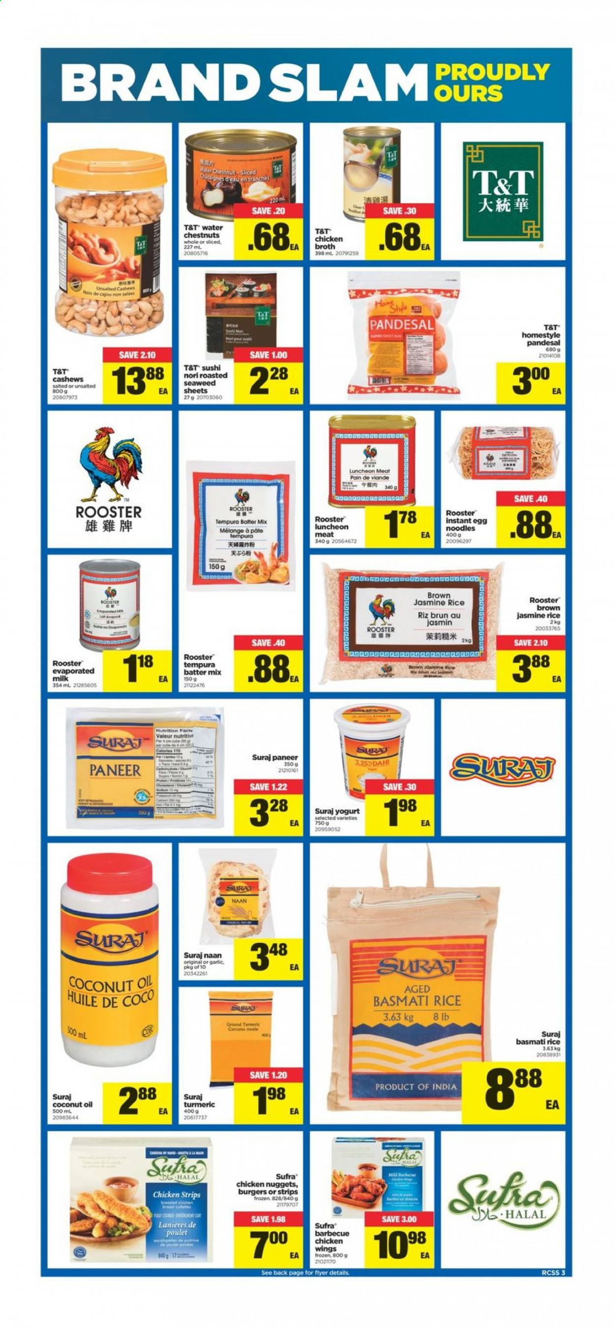 thumbnail - Real Canadian Superstore Flyer - January 21, 2021 - January 27, 2021 - Sales products - garlic, nuggets, hamburger, chicken nuggets, noodles, lunch meat, paneer, yoghurt, evaporated milk, chicken wings, strips, chicken strips, chicken broth, seaweed, broth, water chestnuts, basmati rice, rice, jasmine rice, egg noodles, turmeric, coconut oil, oil, cashews, tong. Page 3.