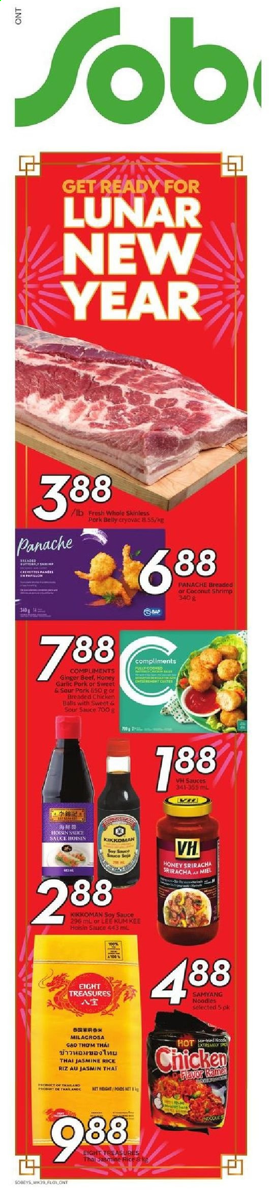 thumbnail - Sobeys Flyer - January 21, 2021 - January 27, 2021 - Sales products - garlic, ginger, shrimps, fried chicken, noodles, rice, jasmine rice, soy sauce, sriracha, hoisin sauce, Kikkoman, Lee Kum Kee, honey. Page 13.
