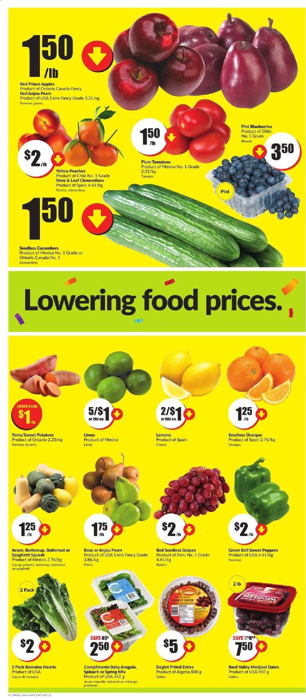 thumbnail - FreshCo. Flyer - January 21, 2021 - January 27, 2021 - Sales products - butternut squash, cucumber, sweet peppers, sweet potato, tomatoes, potatoes, peppers, apples, blueberries, clementines, grapes, limes, seedless grapes, pears, lemons, peaches, dried fruit, dried dates, raisins. Page 2.