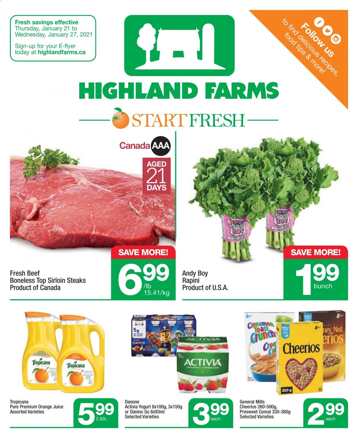 thumbnail - Circulaire Highland Farms - 21 Janvier 2021 - 27 Janvier 2021 - Produits soldés - Danone, Activia, Tropicana, steak. Page 1.
