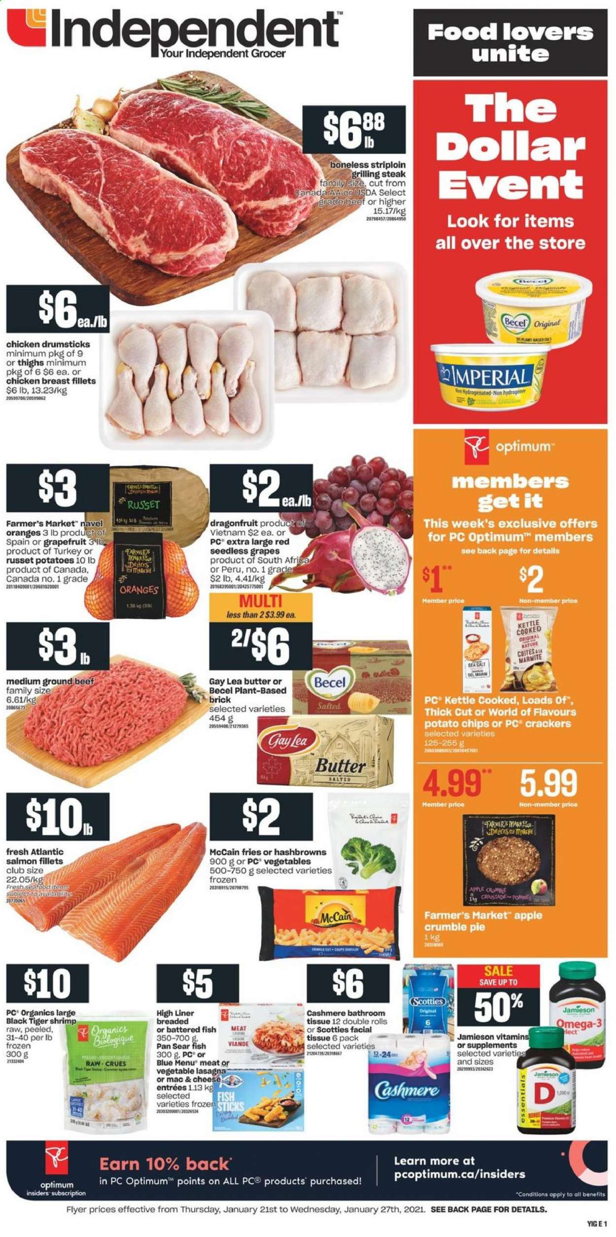 thumbnail - Independent Flyer - January 21, 2021 - January 27, 2021 - Sales products - Apple, pie, russet potatoes, grapefruits, grapes, seedless grapes, navel oranges, salmon, salmon fillet, fish, shrimps, lasagna meal, butter, McCain, hash browns, potato fries, crackers, potato chips, chicken drumsticks, chicken, beef meat, ground beef, bath tissue, pan, Optimum, Omega-3, steak. Page 1.