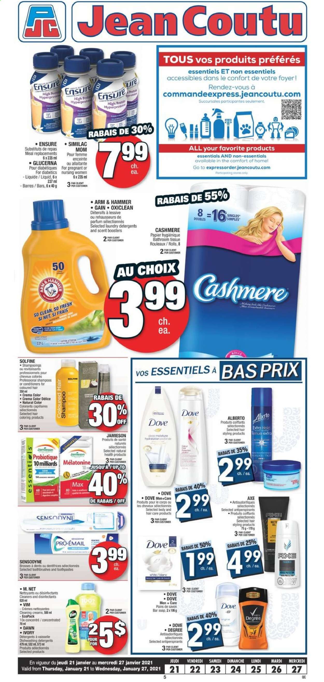 thumbnail - Jean Coutu Flyer - January 21, 2021 - January 27, 2021 - Sales products - ARM & HAMMER, bath tissue, Gain, OxiClean, scent booster, soap bar, soap, Solfine, Glucerna, shampoo, Sensodyne. Page 1.