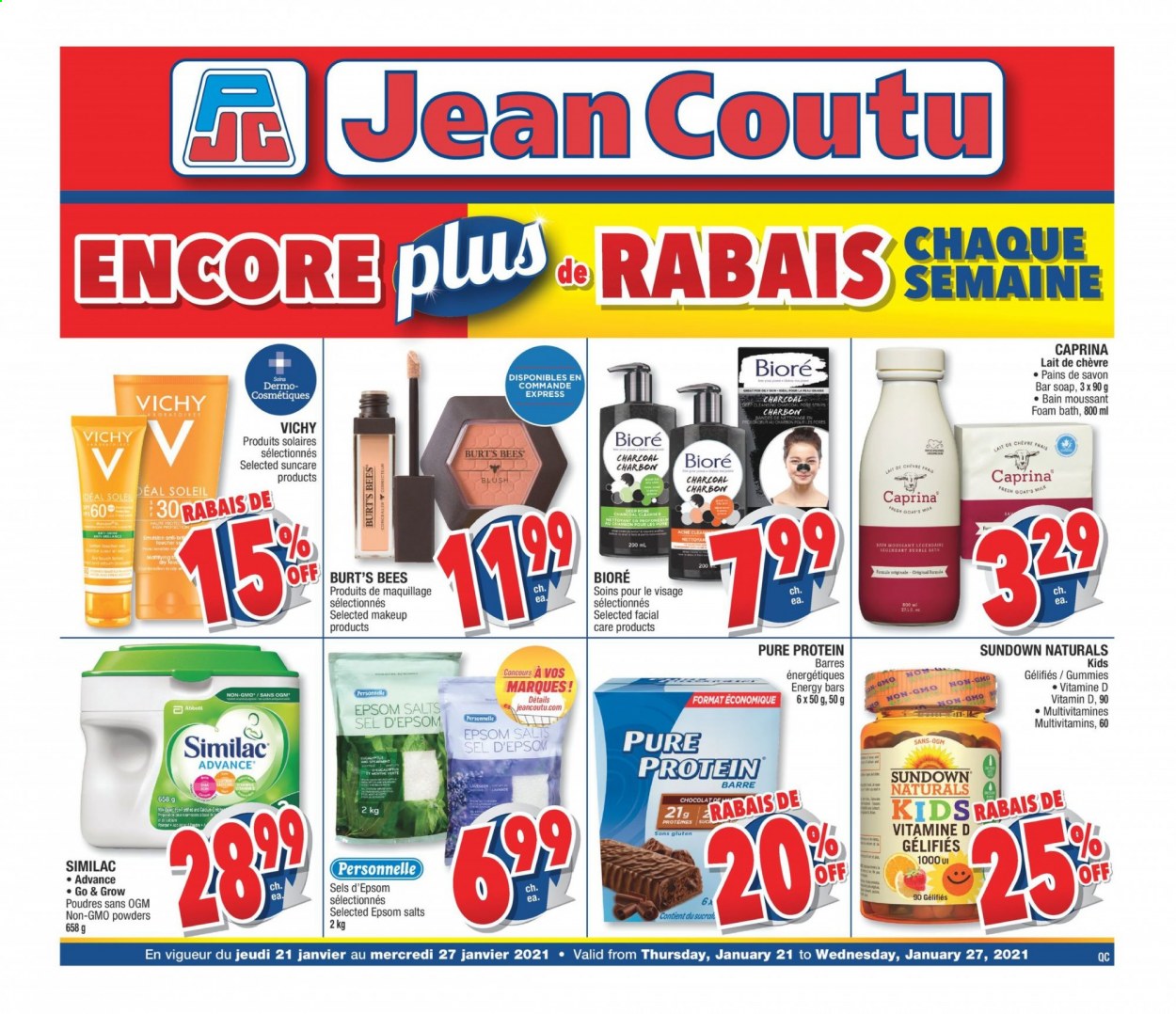 thumbnail - Jean Coutu Flyer - January 21, 2021 - January 27, 2021 - Sales products - energy bar, Vichy, bath foam, soap bar, soap, Bioré®, makeup, multivitamin, Sundown Naturals. Page 1.