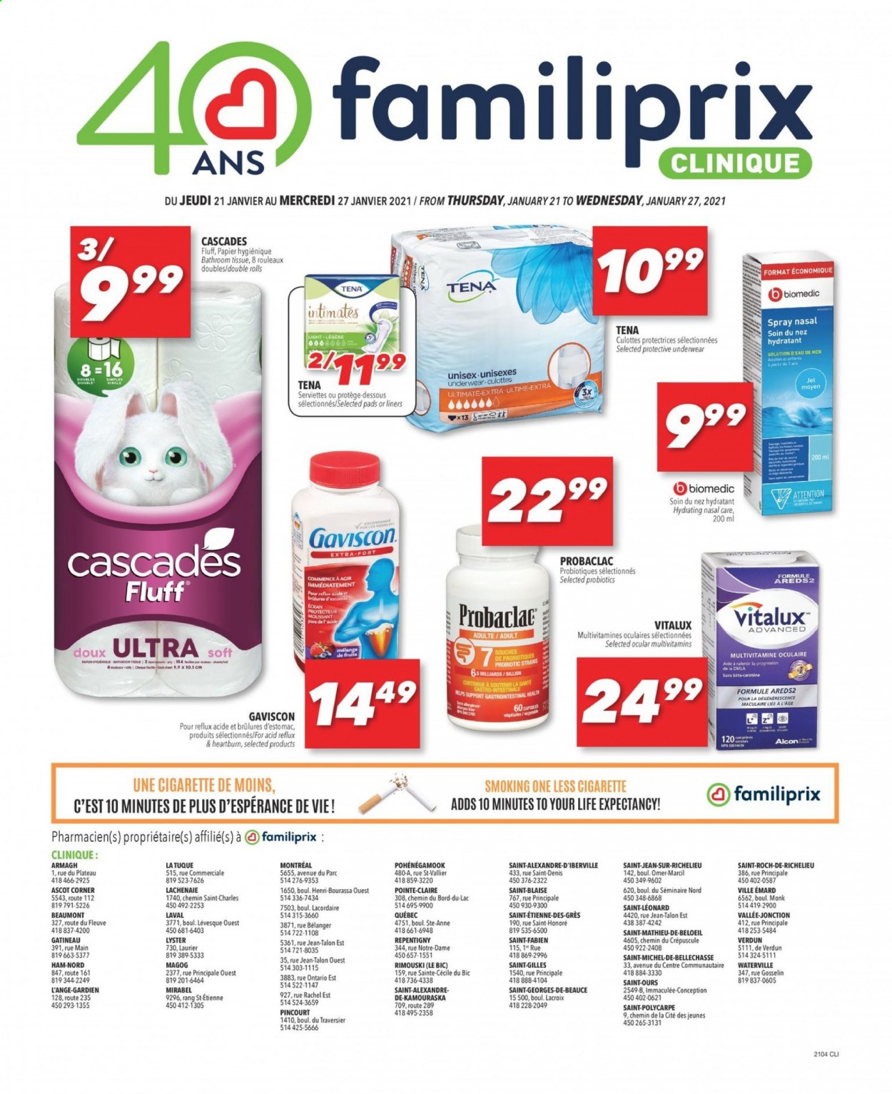 thumbnail - Familiprix Clinique Flyer - January 21, 2021 - January 27, 2021 - Sales products - bath tissue, Jet, sanitary pads, Clinique, BIC, multivitamin, probiotics, Gaviscon. Page 1.