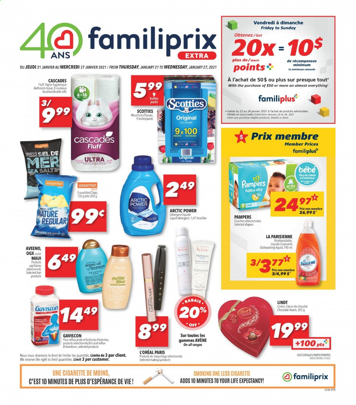 thumbnail - Familiprix Extra Flyer - January 21, 2021 - January 27, 2021 - Sales products - chocolate, snack, oats, nappies, Aveeno, bath tissue, liquid detergent, dishwashing liquid, L’Oréal, OGX, makeup, argan oil, Gaviscon, shampoo, Pampers, chips. Page 1.