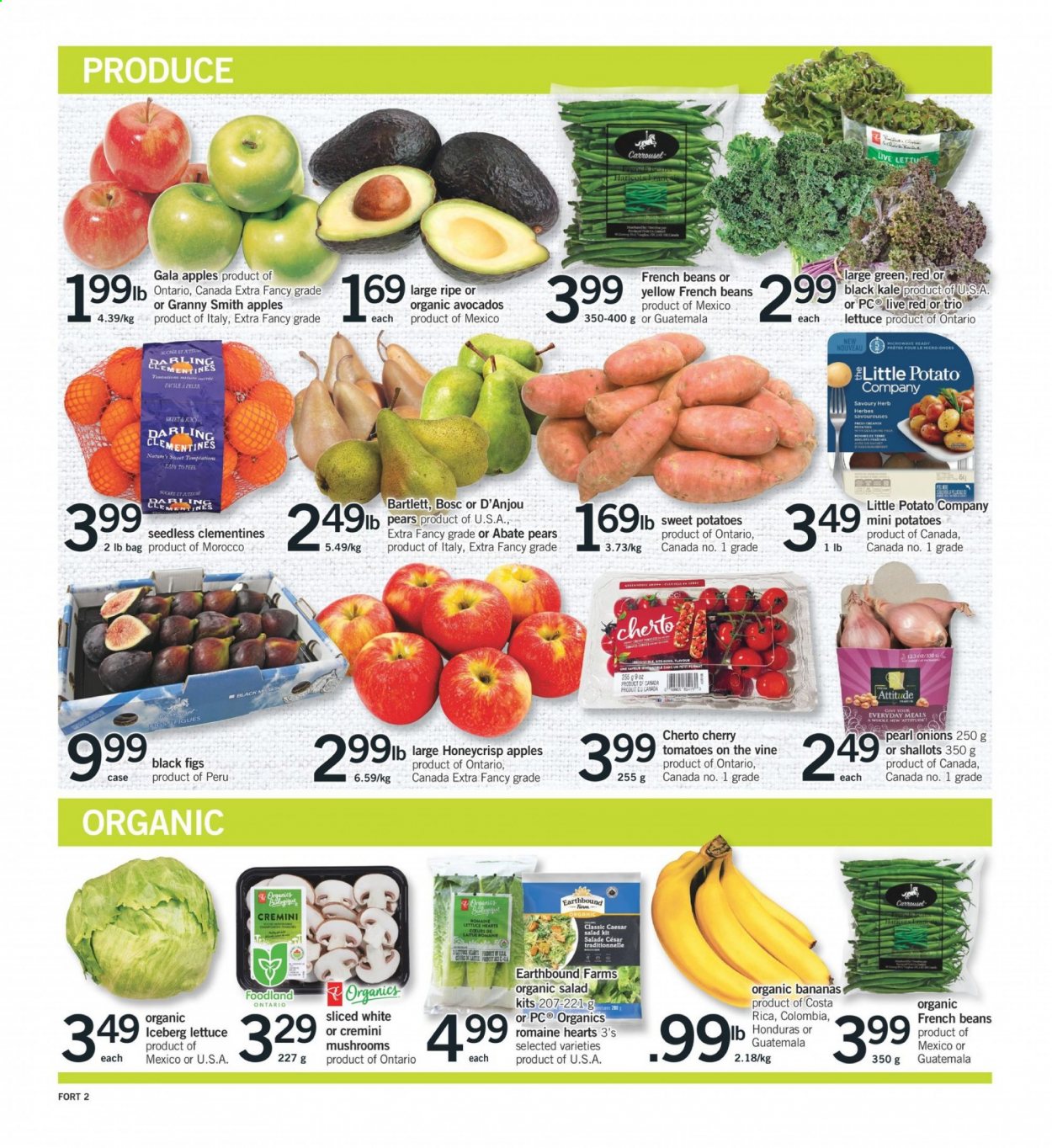 thumbnail - Fortinos Flyer - January 21, 2021 - January 27, 2021 - Sales products - mushrooms, beans, french beans, shallots, sweet potato, tomatoes, kale, potatoes, onion, lettuce, salad, apples, avocado, bananas, clementines, figs, Gala, cherries, pears, organic bananas, Granny Smith, pot. Page 2.