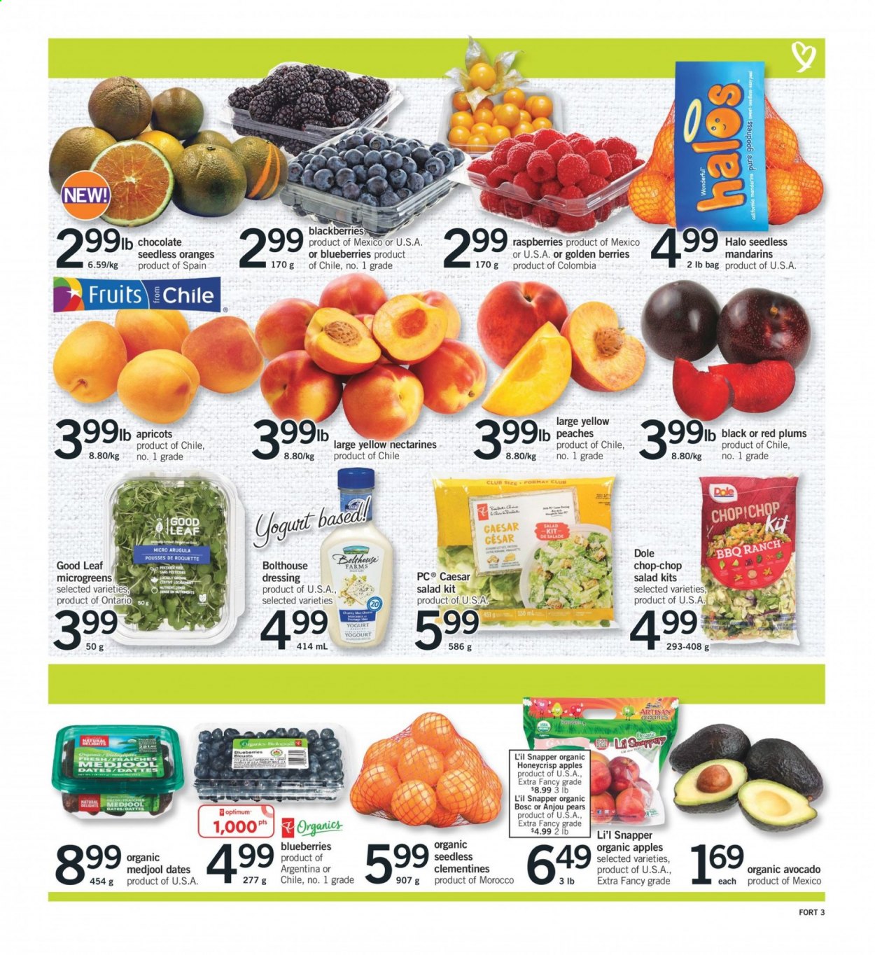 thumbnail - Fortinos Flyer - January 21, 2021 - January 27, 2021 - Sales products - arugula, salad, Dole, apples, avocado, blackberries, blueberries, clementines, mandarines, nectarines, plums, pears, red plums, apricots, peaches, yoghurt, chocolate, dressing, dried dates, Optimum. Page 3.