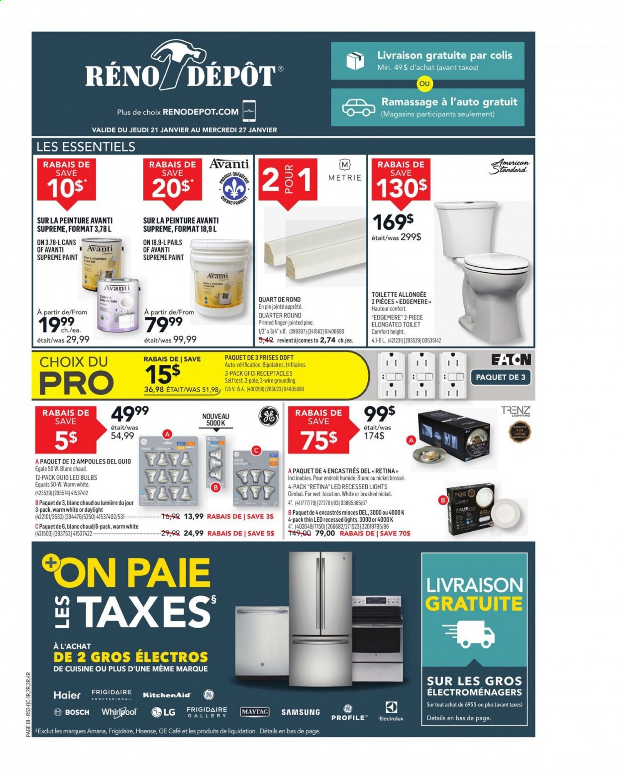 thumbnail - Réno-Dépôt Flyer - January 21, 2021 - January 27, 2021 - Sales products - Samsung, Bosch, Amana, Whirlpool, KitchenAid, toilet, paint, LG, Haier, Hisense. Page 1.