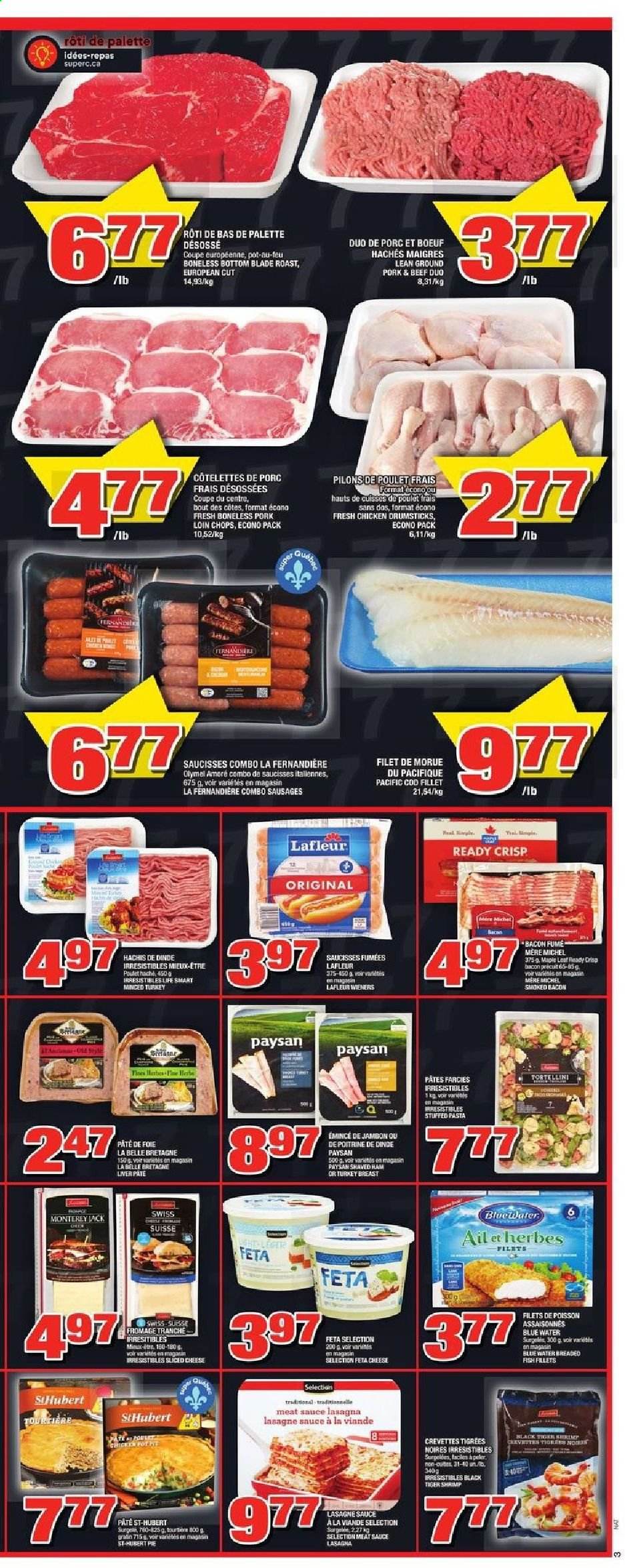 thumbnail - Super C Flyer - January 21, 2021 - January 27, 2021 - Sales products - pie, cod, fish fillets, fish, shrimps, pasta, sauce, tortellini, lasagna meal, breaded fish, bacon, ham, sausage, sliced cheese, cheese, feta, turkey breast, chicken drumsticks, chicken, turkey, ground pork, Palette. Page 4.