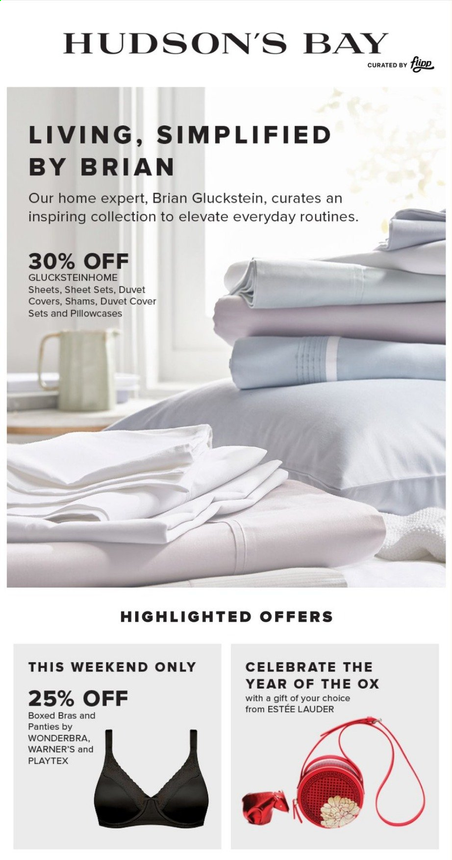 thumbnail - Hudson's Bay Flyer - Sales products - Estée Lauder, duvet, pillowcase, bra, panties. Page 1.