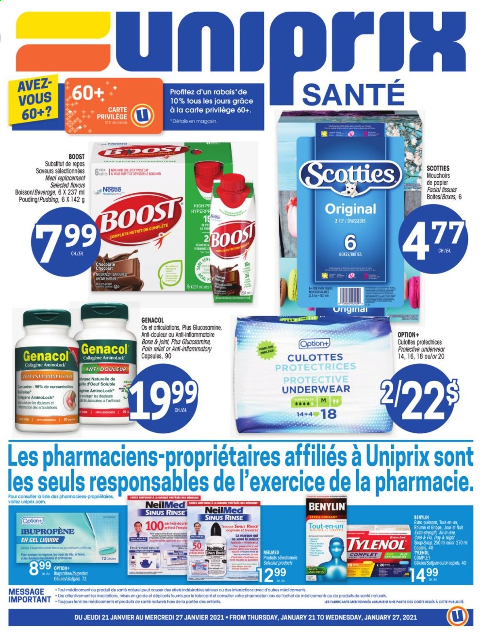 thumbnail - Uniprix Santé Flyer - January 21, 2021 - January 27, 2021 - Sales products - chocolate, pudding, Boost, tissues, facial tissues, Cold & Flu, Tylenol, Benylin, Nestlé. Page 1.