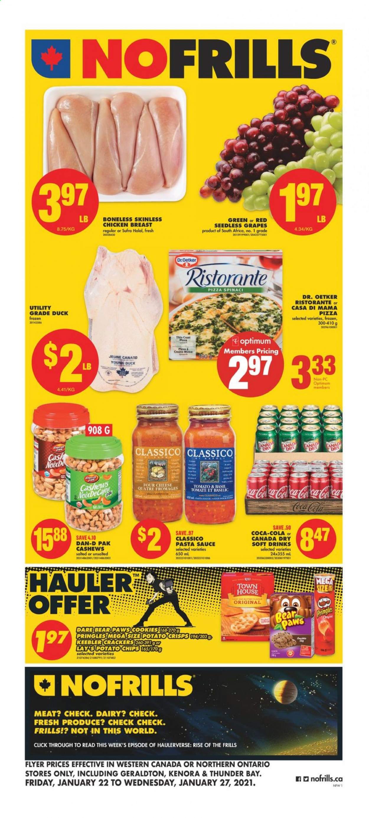 thumbnail - No Frills Flyer - January 22, 2021 - January 27, 2021 - Sales products - grapes, seedless grapes, pizza, pasta sauce, sauce, Dr. Oetker, cookies, crackers, Keebler, potato chips, Pringles, Lay’s, Dan-D Pak, Classico, cashews, Canada Dry, Coca-Cola, soft drink, chicken breasts, chicken, Paws, Optimum. Page 1.