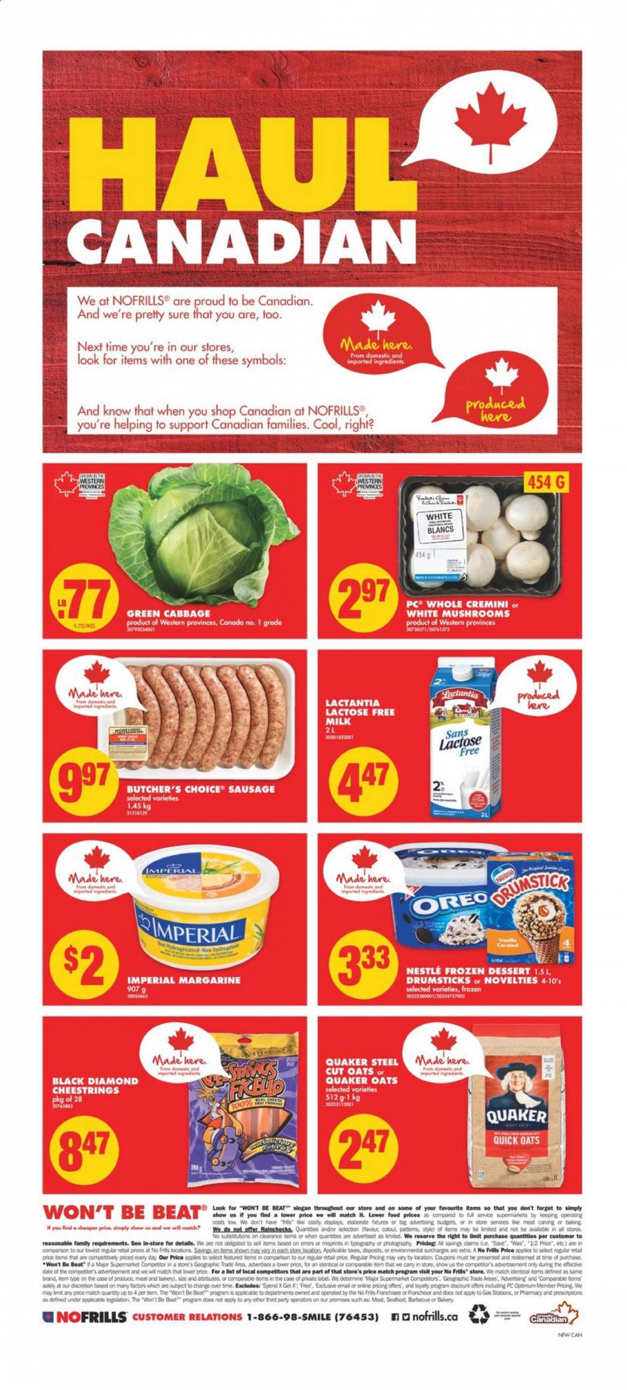 thumbnail - No Frills Flyer - January 22, 2021 - January 27, 2021 - Sales products - seafood, Quaker, sausage, string cheese, milk, lactose free milk, margarine, oats, Quick Oats, caramel, Sure, Optimum, Oreo, Nestlé. Page 2.