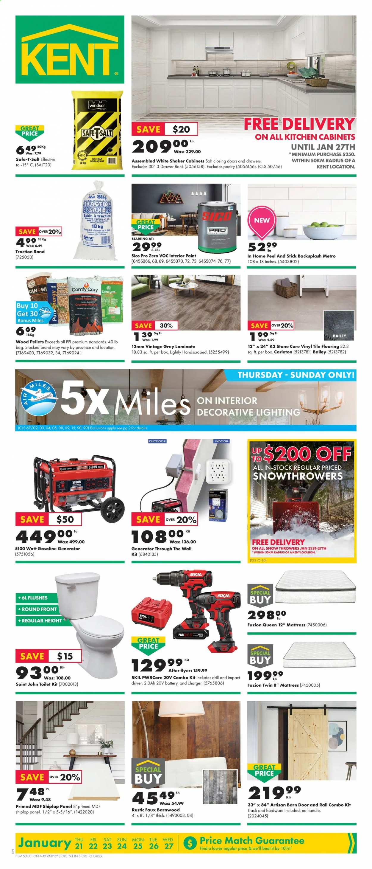 thumbnail - Kent Flyer - January 21, 2021 - January 27, 2021 - Sales products - salt, shaker, shiplap, toilet, paint, flooring, drill, combo kit, generator, ice melter, pellet gun. Page 1.