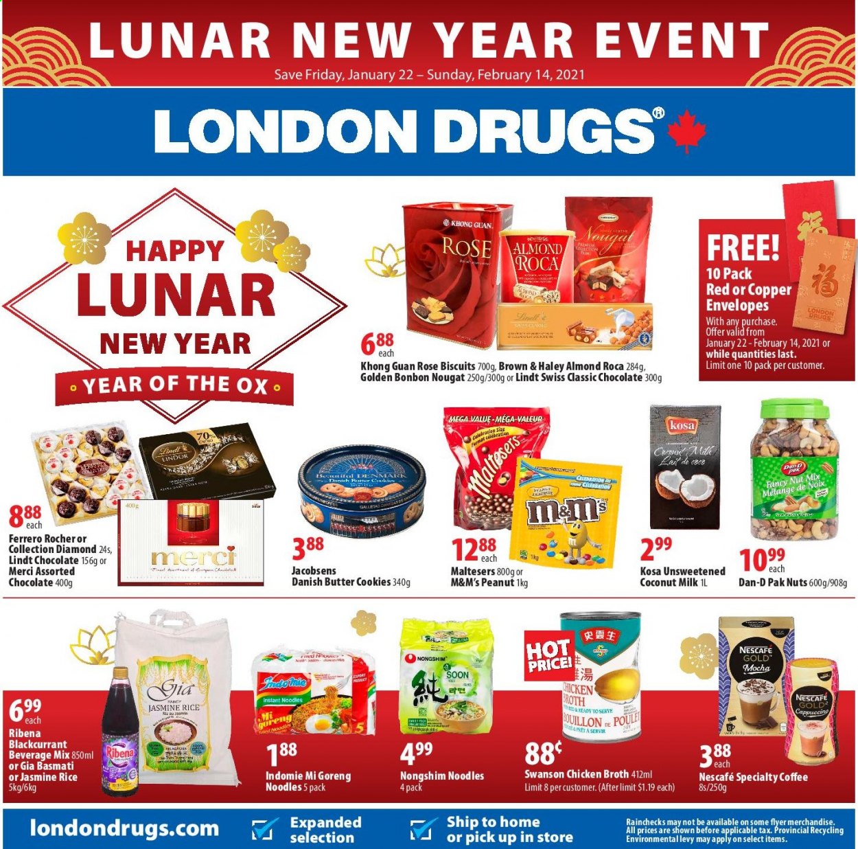 thumbnail - London Drugs Flyer - January 22, 2021 - February 14, 2021 - Sales products - cookies, chocolate, butter cookies, biscuit, Maltesers, Merci, chicken broth, broth, coconut milk, Dan-D Pak, basmati rice, rice, jasmine rice, noodles, coffee, wine, rosé wine, envelope, rose, Nescafé, nougat, M&M's. Page 1.