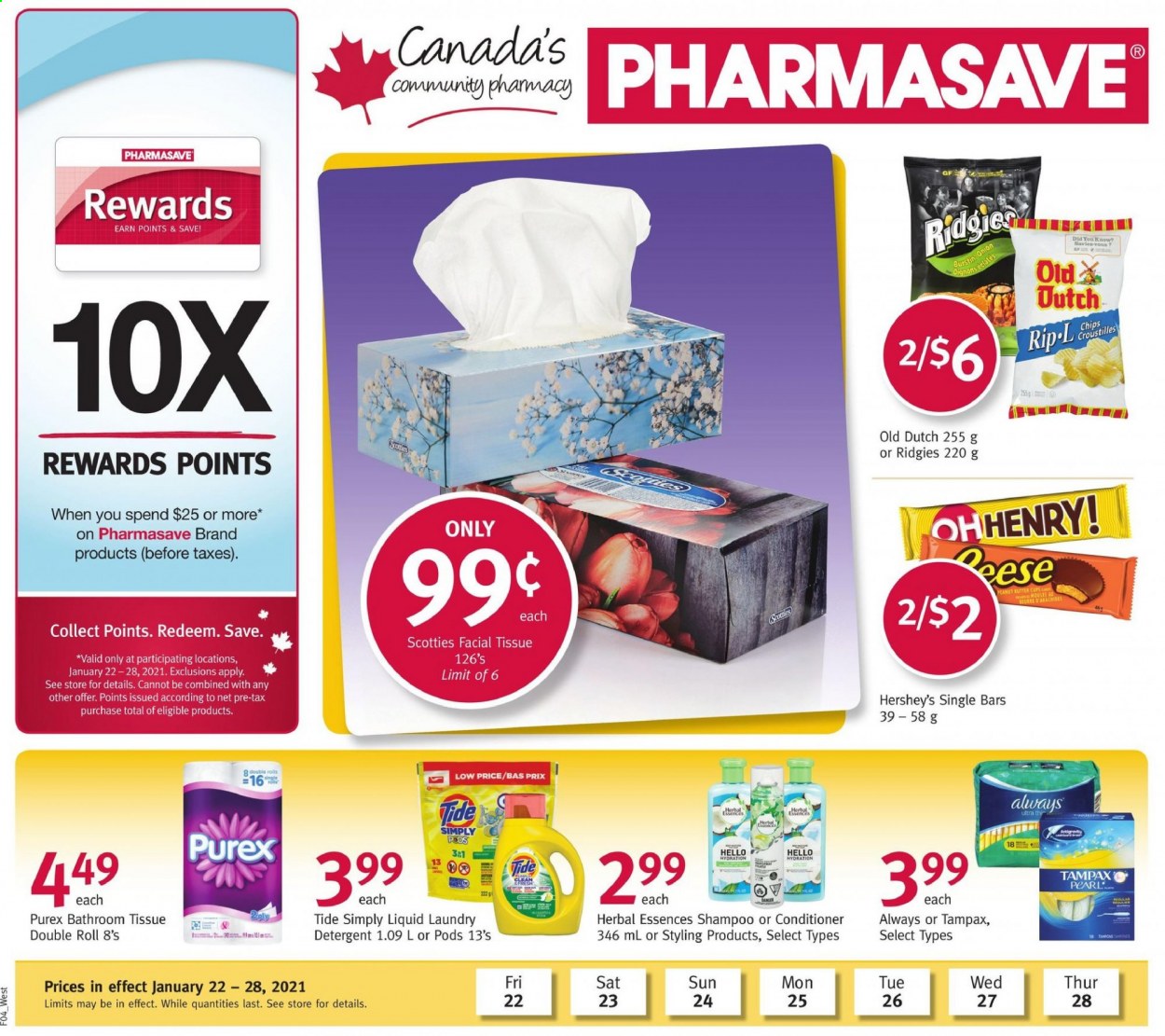 thumbnail - Pharmasave Flyer - January 22, 2021 - January 28, 2021 - Sales products - onion, butter, Hershey's, bath tissue, Tide, laundry detergent, Purex, conditioner, Herbal Essences, shampoo, Tampax, chips. Page 1.