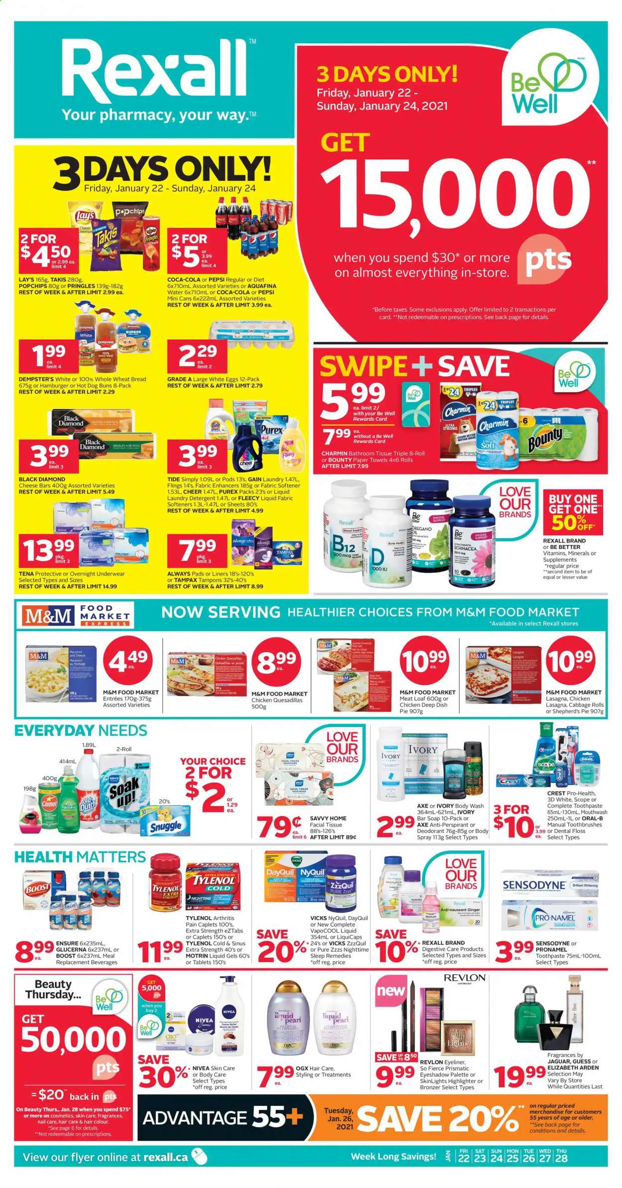 thumbnail - Rexall Flyer - January 22, 2021 - January 28, 2021 - Sales products - Bounty, Pringles, Lay’s, cabbage, ginger, Coca-Cola, Pepsi, Aquafina, Boost, bath tissue, kitchen towels, paper towels, Charmin, Gain, Snuggle, Tide, fabric softener, laundry detergent, Purex, body wash, soap bar, soap, toothpaste, mouthwash, Crest, Always pads, sanitary pads, tampons, facial tissues, OGX, Revlon, hair color, body spray, anti-perspirant, Guess, Vicks, eyeshadow, eyeliner, highlighter powder, bronzing powder, DayQuil, Tylenol, ZzzQuil, NyQuil, Glucerna, Motrin, Tampax, Palette, Nivea, Oral-B, Sensodyne, M&M's, deodorant. Page 1.