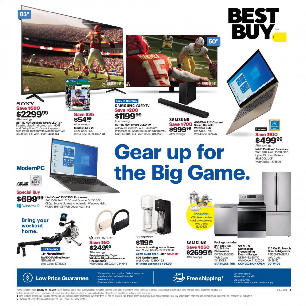 thumbnail - Best Buy Flyer - January 22, 2021 - January 28, 2021 - Sales products - Sony, Intel, Samsung, PlayStation, PlayStation 4, qled tv, TV, Beats, sound bar, headphones, french door refrigerator, refrigerator, oven, convection oven, electric range, freestanding electric range, water maker, LED TV, Lenovo, Xbox One. Page 1.