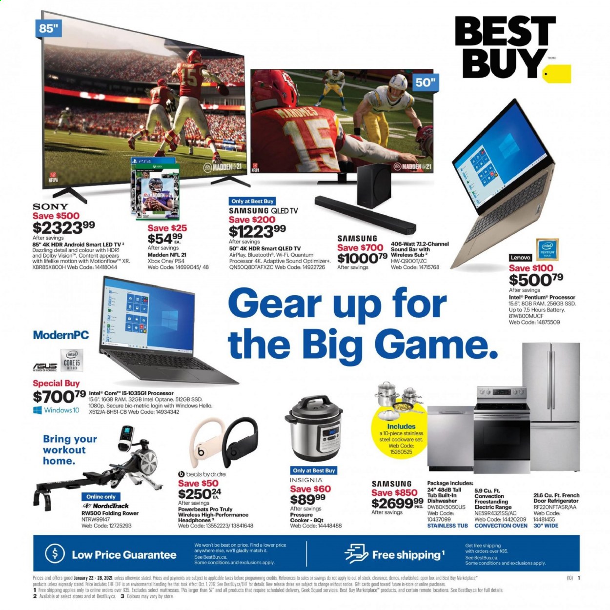 thumbnail - Best Buy Flyer - January 22, 2021 - January 28, 2021 - Sales products - Sony, Intel, Samsung, PlayStation, PlayStation 4, qled tv, TV, Beats, sound bar, headphones, french door refrigerator, refrigerator, oven, convection oven, electric range, freestanding electric range, pressure cooker, LED TV, Lenovo, Xbox One. Page 1.