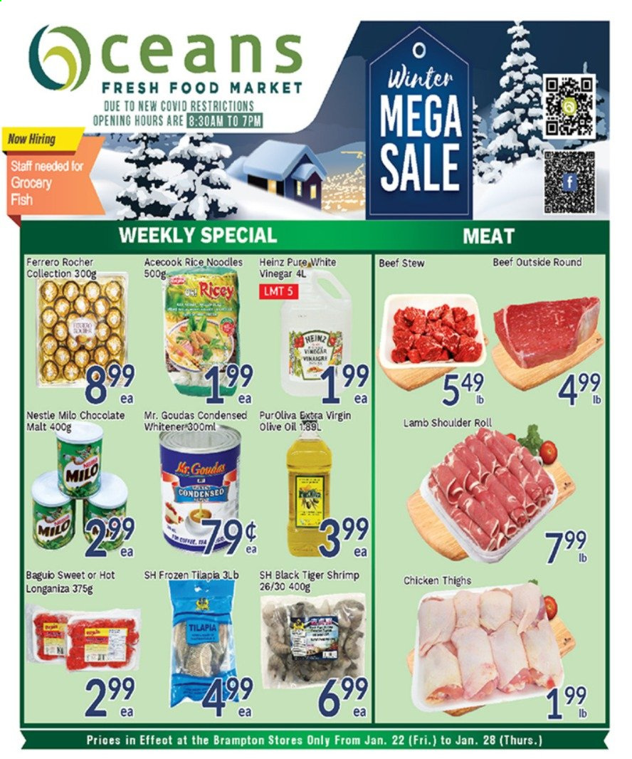 thumbnail - Oceans Flyer - January 22, 2021 - January 28, 2021 - Sales products - tilapia, fish, shrimps, noodles, Milo, chocolate, Heinz, rice vermicelli, extra virgin olive oil, vinegar, olive oil, oil, chicken thighs, chicken, lamb meat, lamb shoulder, Nestlé. Page 1.