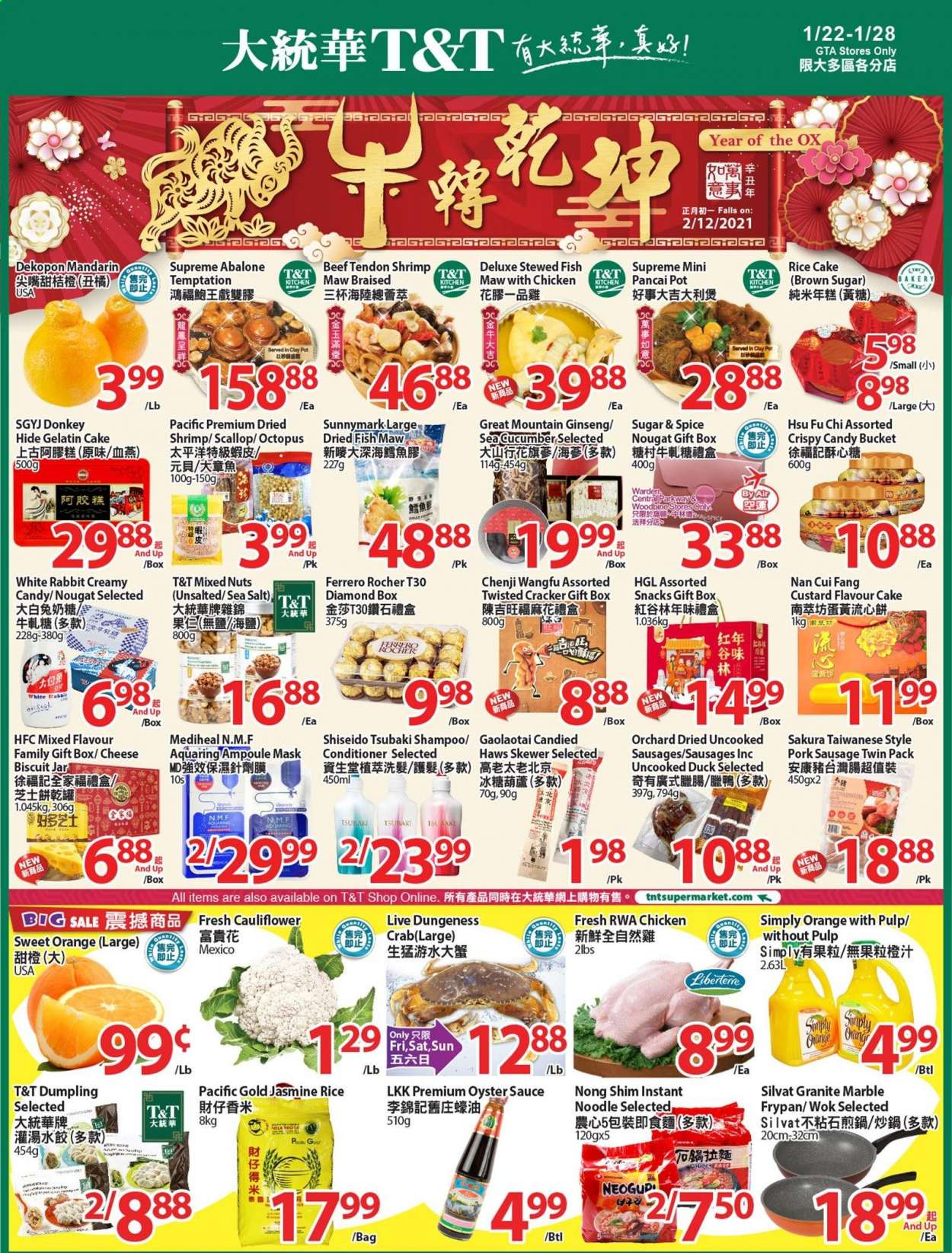thumbnail - T&T Supermarket Flyer - January 22, 2021 - January 28, 2021 - Sales products - cauliflower, mandarines, octopus, oysters, crab, shrimps, abalone, sauce, dumplings, noodles, sausage, pork sausage, cheese, custard, rabbit, snack, crackers, biscuit, cane sugar, jasmine rice, spice, oyster sauce, mixed nuts, Shiseido, conditioner, bag, pot, wok, frying pan, jar, pin, gift box, ginseng, gelatin, shampoo, nougat. Page 1.