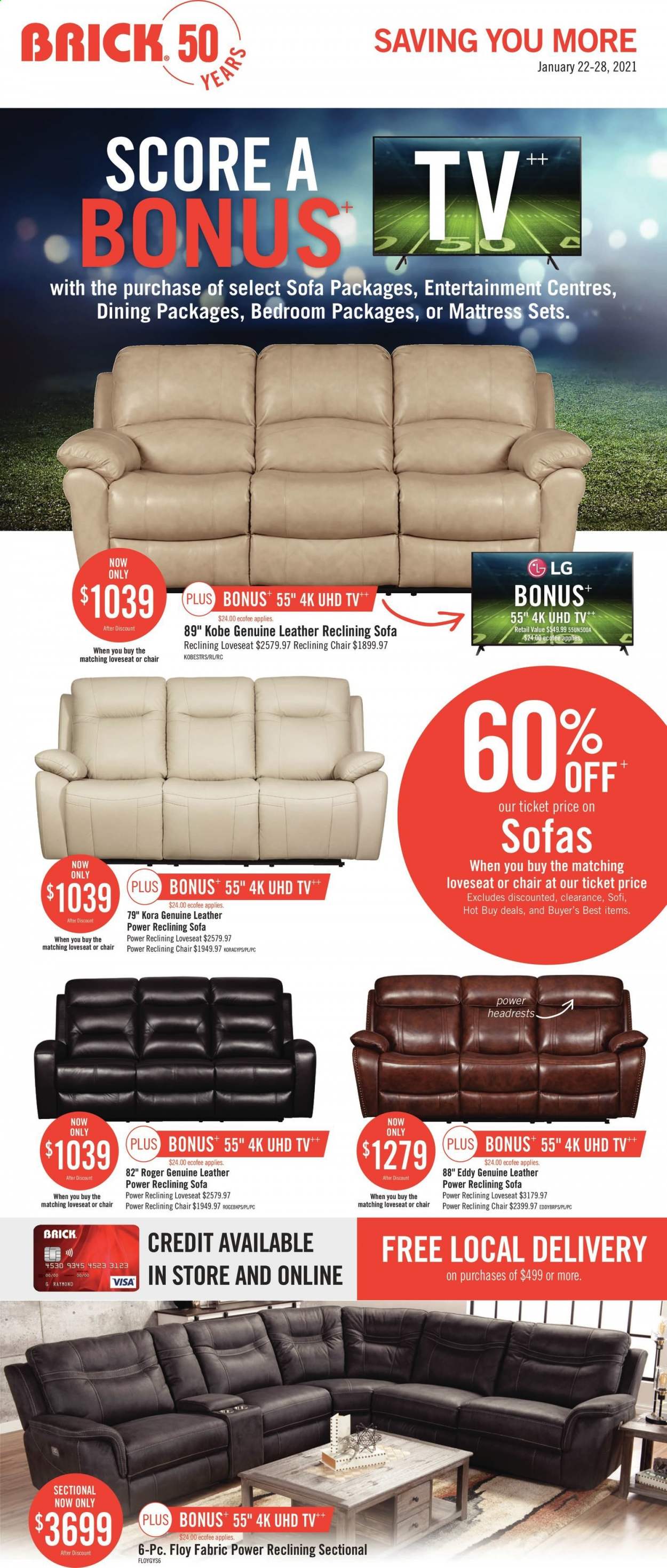 thumbnail - The Brick Flyer - January 22, 2021 - January 28, 2021 - Sales products - chair, loveseat, sofa, mattress, LG. Page 1.