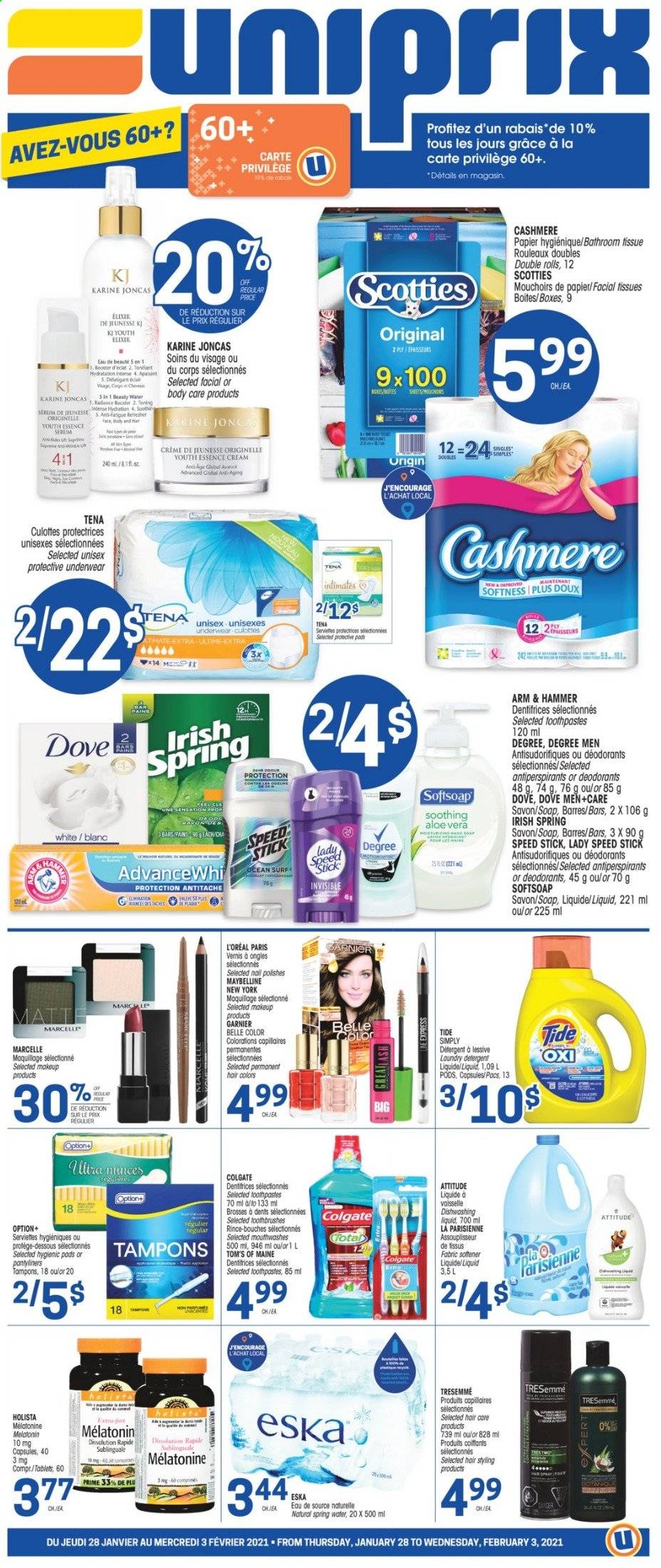 thumbnail - Uniprix Flyer - January 28, 2021 - February 03, 2021 - Sales products - ARM & HAMMER, spring water, bath tissue, Tide, fabric softener, dishwashing liquid, Softsoap, soap, pantyliners, tampons, facial tissues, L’Oréal, serum, refresher, TRESemmé, Eclat, Speed Stick, makeup, Melatonin, Garnier, Maybelline, Tena Lady, deodorant. Page 1.