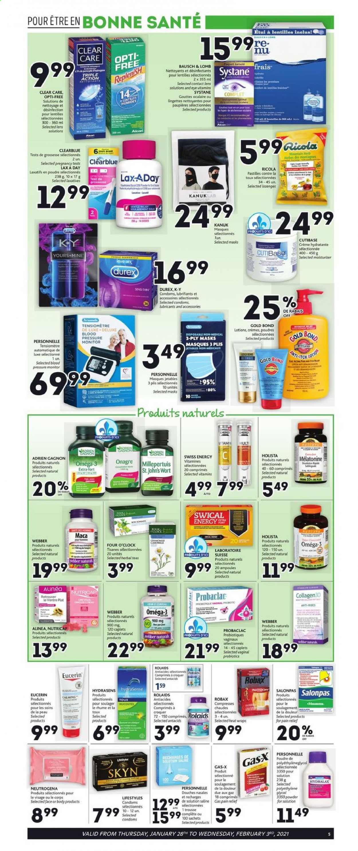 thumbnail - Brunet Flyer - January 28, 2021 - February 03, 2021 - Sales products - pain relief, Clear Care, probiotics, Omega-3, Eucerin, Neutrogena, Systane, desinfection, pressure monitor. Page 3.