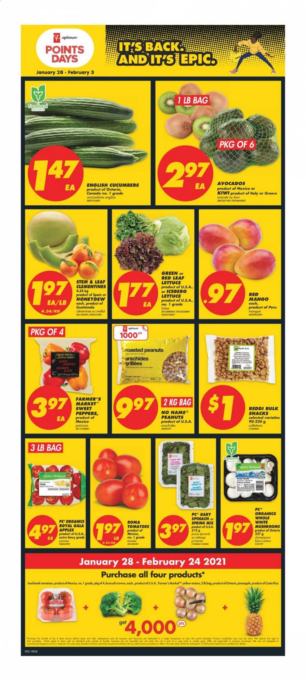 thumbnail - No Frills Flyer - January 28, 2021 - February 03, 2021 - Sales products - mushrooms, cucumber, sweet peppers, lettuce, peppers, apples, avocado, clementines, Gala, mango, honeydew, pineapple, snack, roasted peanuts, peanuts, L'Or, Optimum, kiwi. Page 3.