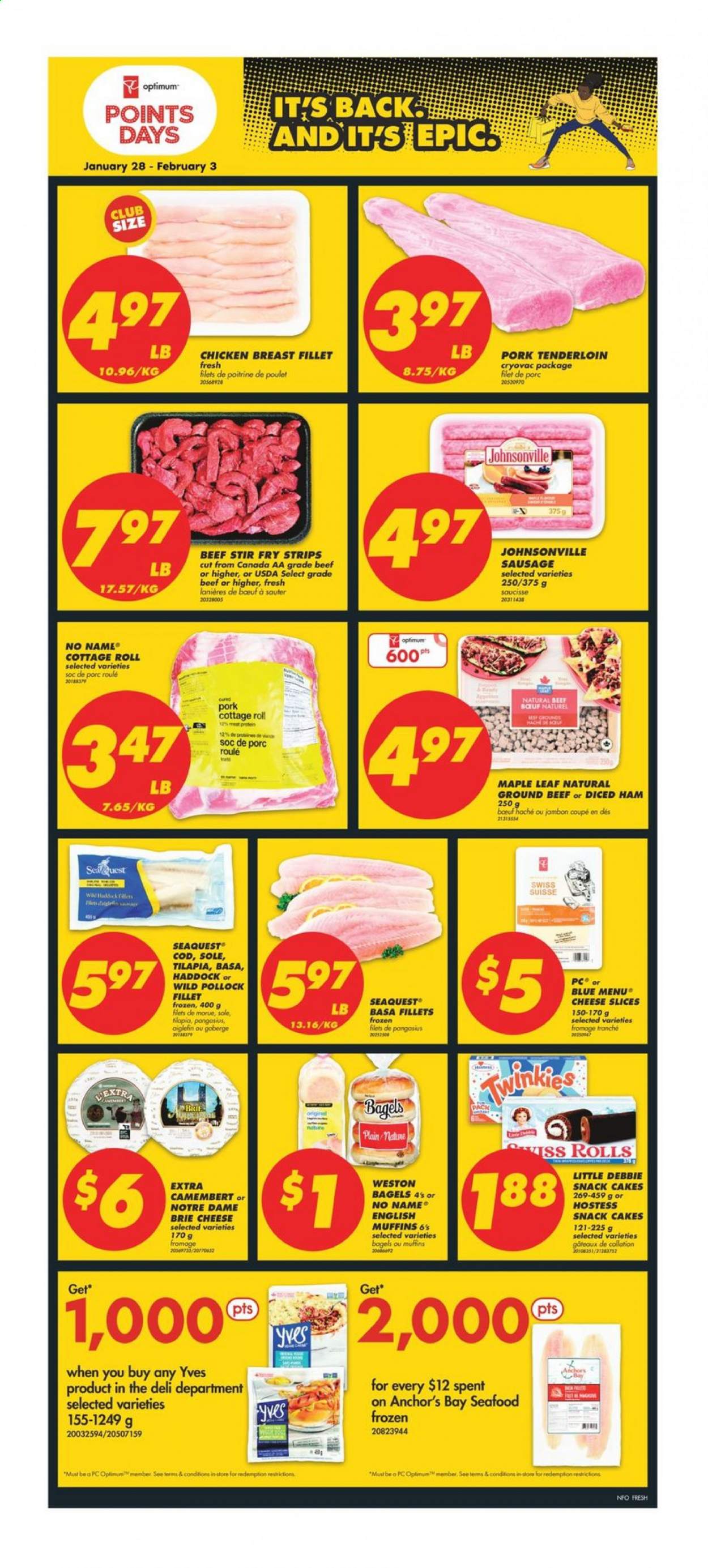 thumbnail - No Frills Flyer - January 28, 2021 - February 03, 2021 - Sales products - bagels, english muffins, cake, cod, tilapia, haddock, pollock, pangasius, seafood, No Name, ham, Johnsonville, sausage, sliced cheese, cheese, brie, Anchor, strips, snack, chicken breasts, stir fry strips, chicken, beef meat, ground beef, pork meat, pork tenderloin, Optimum. Page 4.