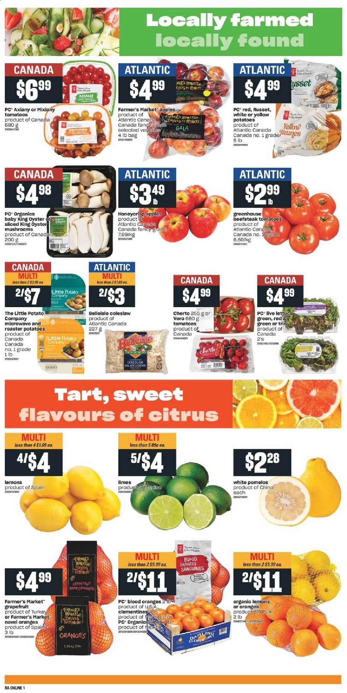 thumbnail - Atlantic Superstore Flyer - January 28, 2021 - February 03, 2021 - Sales products - oyster mushrooms, mushrooms, tart, russet potatoes, tomatoes, potatoes, lettuce, apples, clementines, Gala, grapefruits, limes, lemons, navel oranges, oysters, coleslaw. Page 4.
