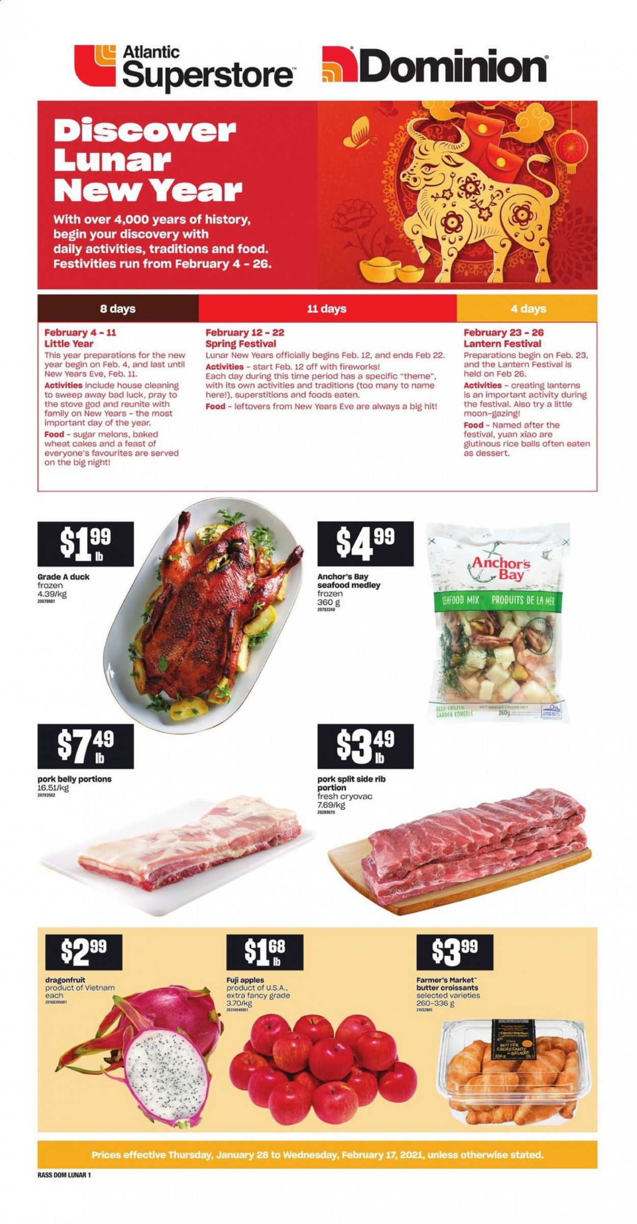 thumbnail - Atlantic Superstore Flyer - January 28, 2021 - February 17, 2021 - Sales products - cake, croissant, apples, Fuji apple, melons, seafood, Anchor, rice balls, sugar, pork belly, pork meat. Page 1.