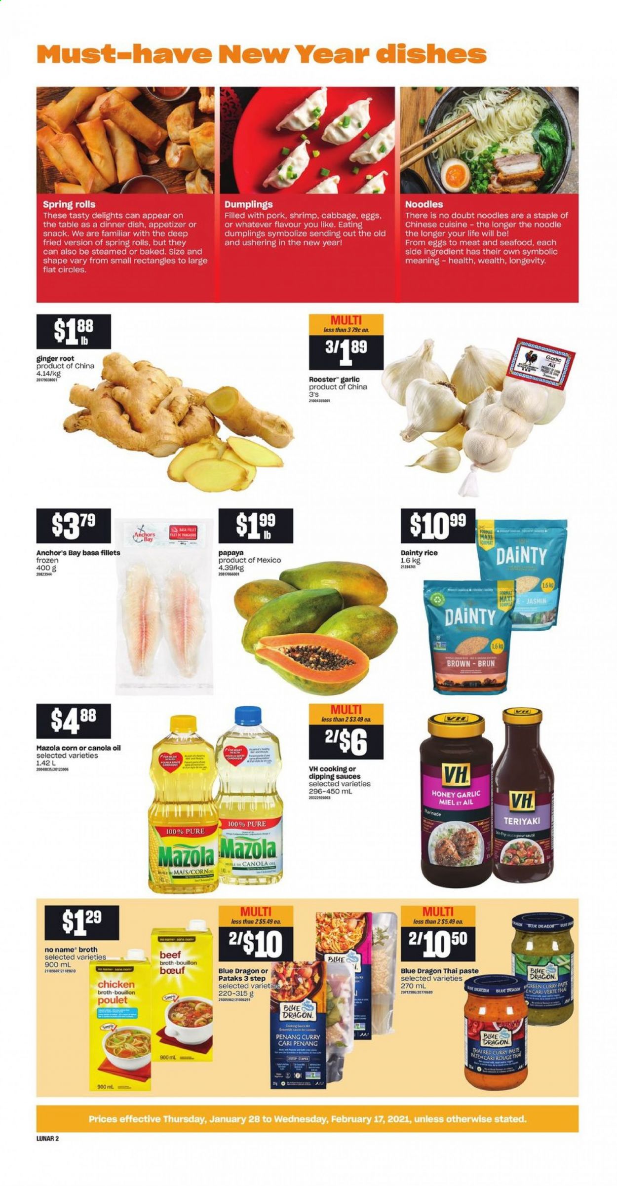 thumbnail - Atlantic Superstore Flyer - January 28, 2021 - February 17, 2021 - Sales products - garlic, ginger, seafood, shrimps, No Name, dumplings, spring rolls, noodles, red curry, eggs, Anchor, bouillon, broth, rice, curry paste, marinade, canola oil, oil, honey. Page 2.