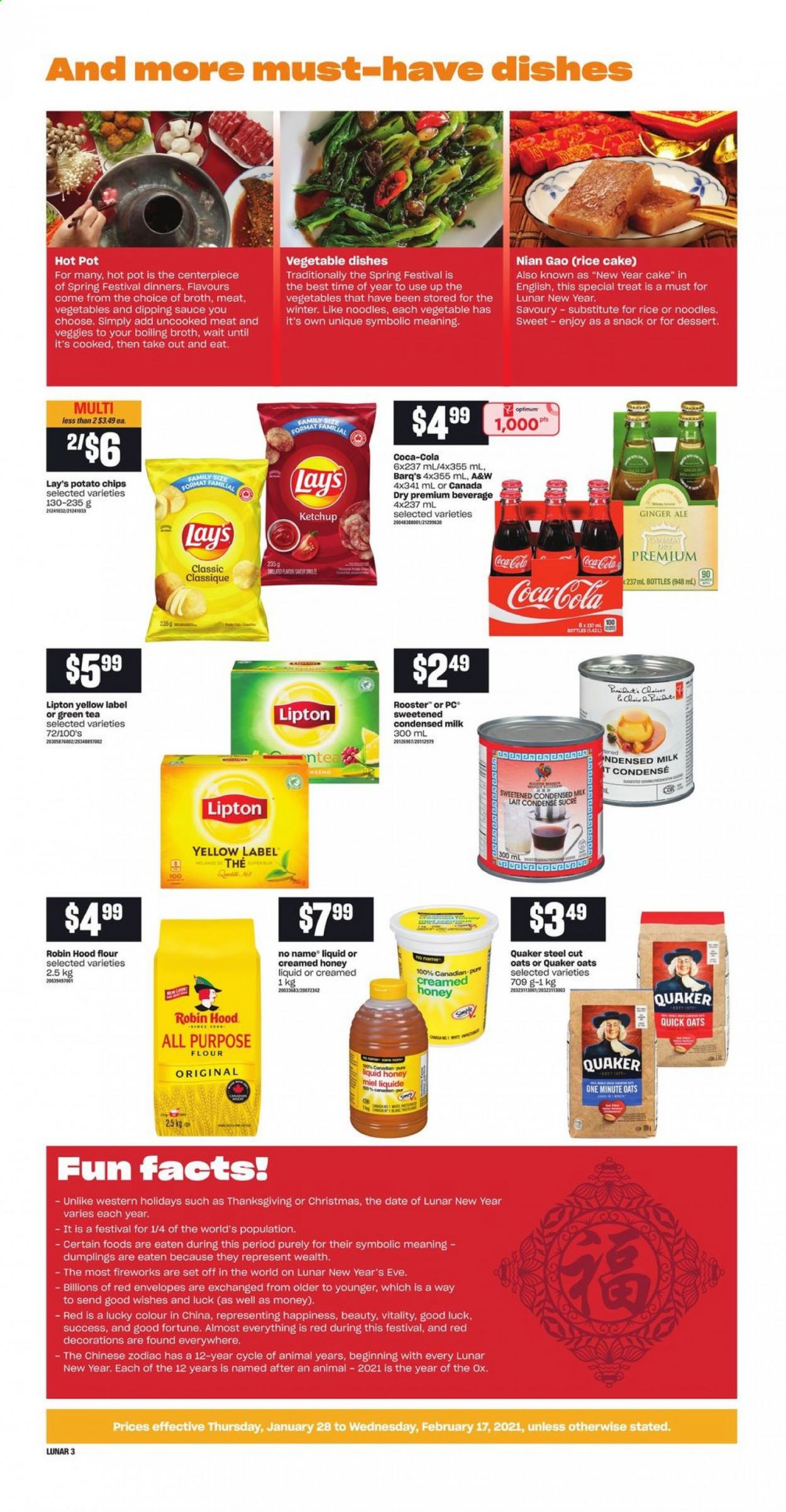 thumbnail - Atlantic Superstore Flyer - January 28, 2021 - February 17, 2021 - Sales products - No Name, sauce, dumplings, Quaker, noodles, milk, condensed milk, snack, potato chips, Lay’s, all purpose flour, flour, oats, broth, Quick Oats, honey, Canada Dry, Coca-Cola, ginger ale, A&W, green tea, Optimum, pot, chips. Page 3.