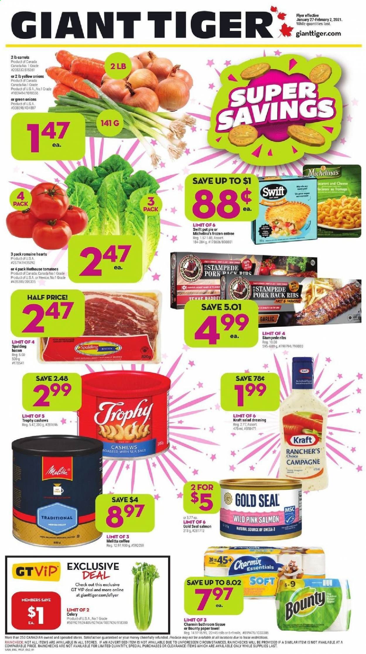 thumbnail - Giant Tiger Flyer - January 27, 2021 - February 02, 2021 - Sales products - pie, pot pie, carrots, celery, garlic, tomatoes, salmon, Kraft®, bacon, Bounty, salad dressing, dressing, cashews, coffee, pork meat, pork ribs, pork back ribs, bath tissue, paper towels, Charmin, pot, Spalding, trophy cup. Page 1.