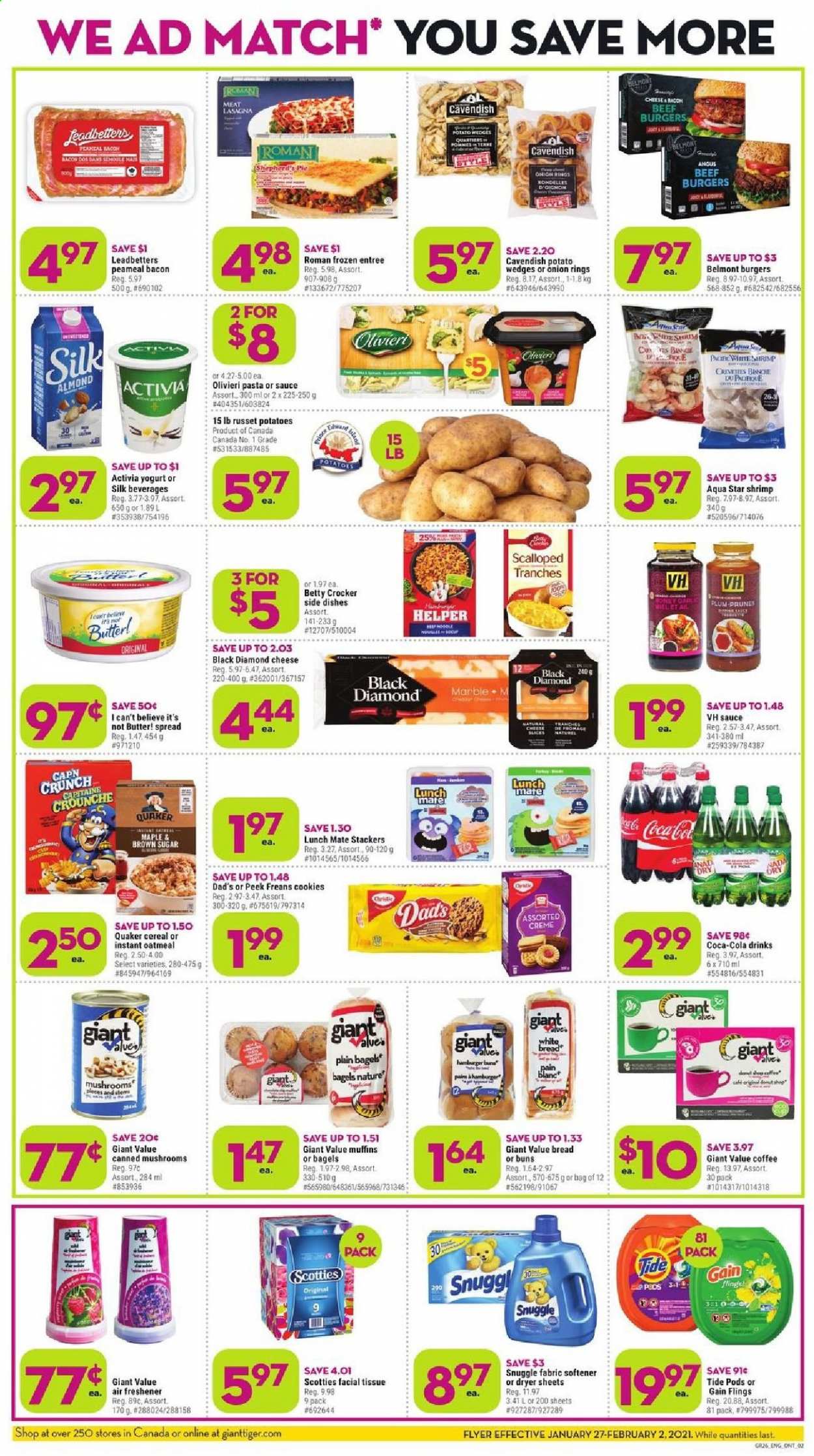 thumbnail - Giant Tiger Flyer - January 27, 2021 - February 02, 2021 - Sales products - bagels, bread, white bread, pie, buns, muffin, russet potatoes, potatoes, shrimps, onion rings, hamburger, Quaker, beef burger, lasagna meal, bacon, cheese, yoghurt, Activia, Silk, butter, I Can't Believe It's Not Butter, potato wedges, cookies, oatmeal, cereals, honey, prunes, dried fruit, Coca-Cola, coffee, tissues, Gain, Snuggle, Tide, fabric softener, dryer sheets, air freshener. Page 2.