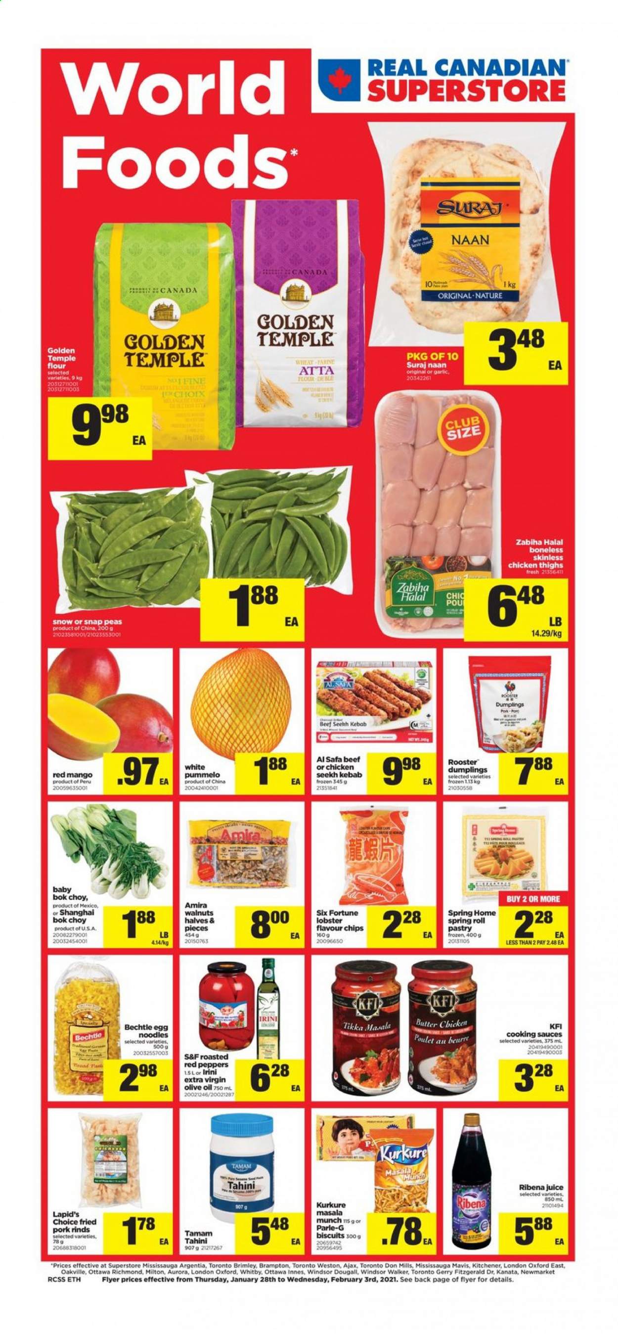 thumbnail - Real Canadian Superstore Flyer - January 28, 2021 - February 03, 2021 - Sales products - bok choy, garlic, peas, peppers, red peppers, mango, lobster, dumplings, noodles, Tikka Masala, snap peas, biscuit, Parle, flour, egg noodles, tahini, extra virgin olive oil, olive oil, oil, walnuts, juice, chicken thighs, chicken, Ajax. Page 1.