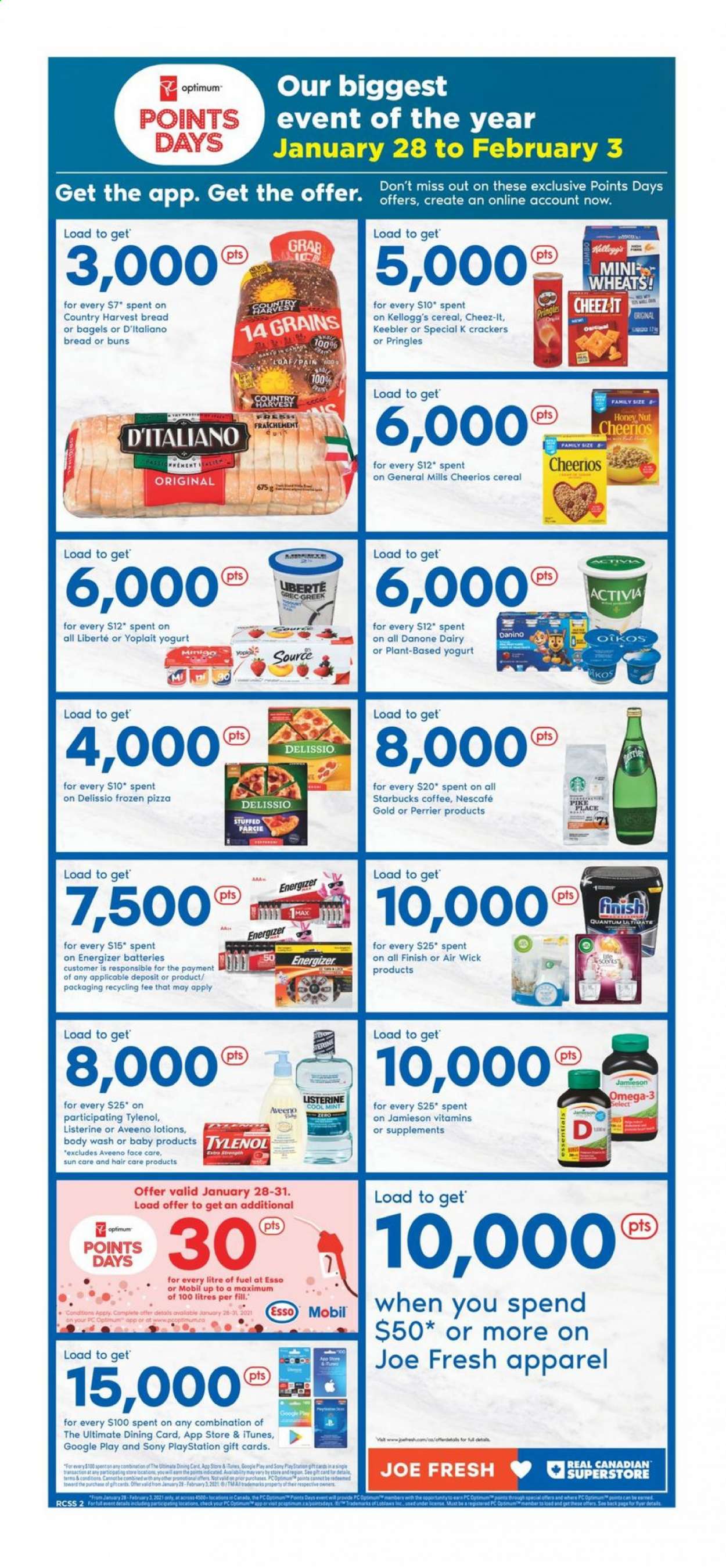 thumbnail - Real Canadian Superstore Flyer - January 28, 2021 - February 03, 2021 - Sales products - Sony, bread, buns, pizza, yoghurt, Activia, Oikos, Yoplait, Country Harvest, crackers, Kellogg's, Keebler, Pringles, Cheez-It, cereals, Cheerios, Perrier, coffee, L'Or, Starbucks, Aveeno, body wash, Air Wick, battery, Optimum, PlayStation, Tylenol, Omega-3, Danone, Listerine, Nescafé. Page 2.