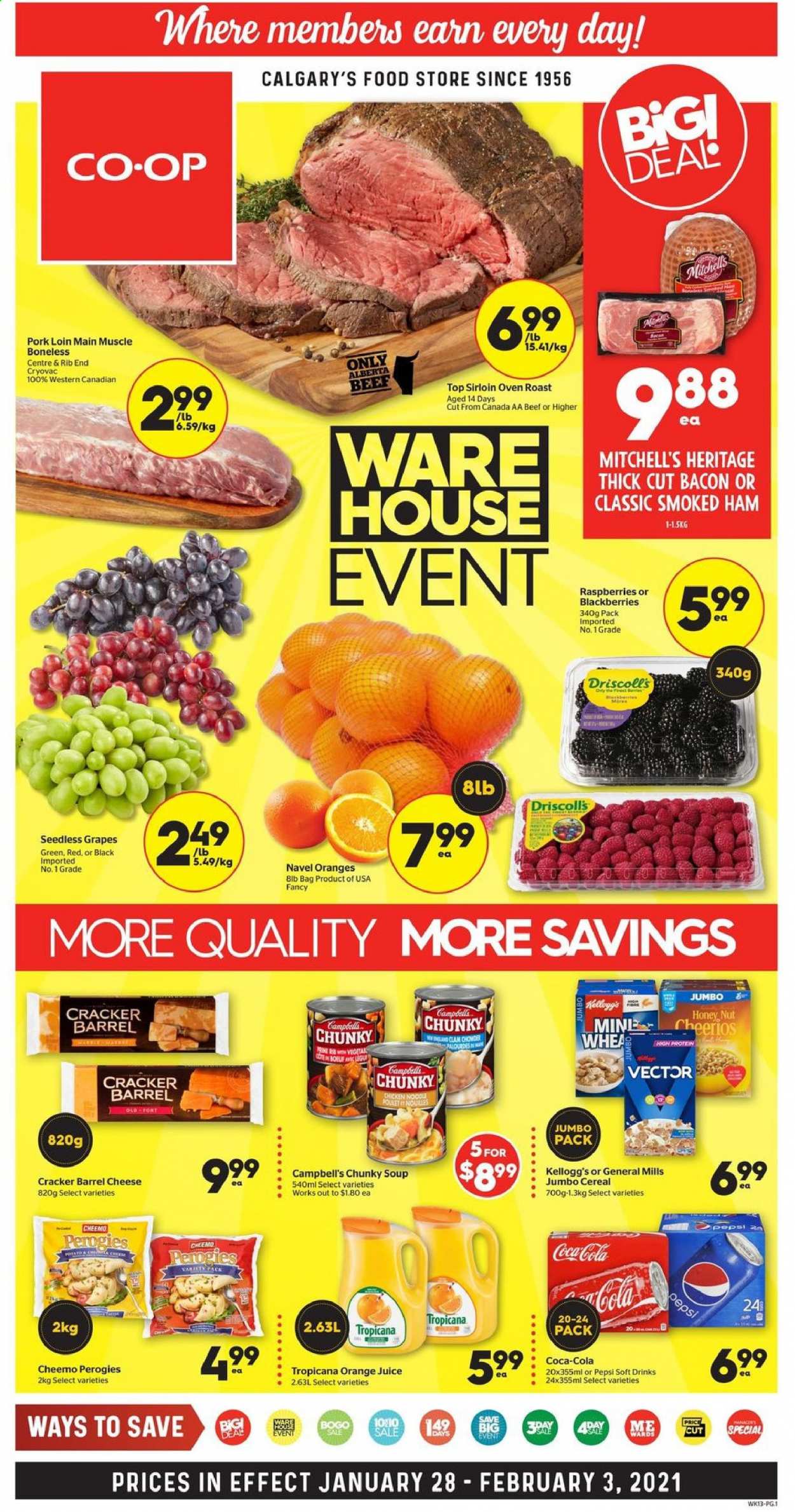 thumbnail - Calgary Co-op Flyer - January 28, 2021 - February 03, 2021 - Sales products - blackberries, grapes, seedless grapes, navel oranges, Campbell's, soup, bacon, ham, smoked ham, cheese, crackers, Kellogg's, cereals, Cheerios, Coca-Cola, Pepsi, orange juice, juice, soft drink, pork loin, pork meat, bag. Page 1.