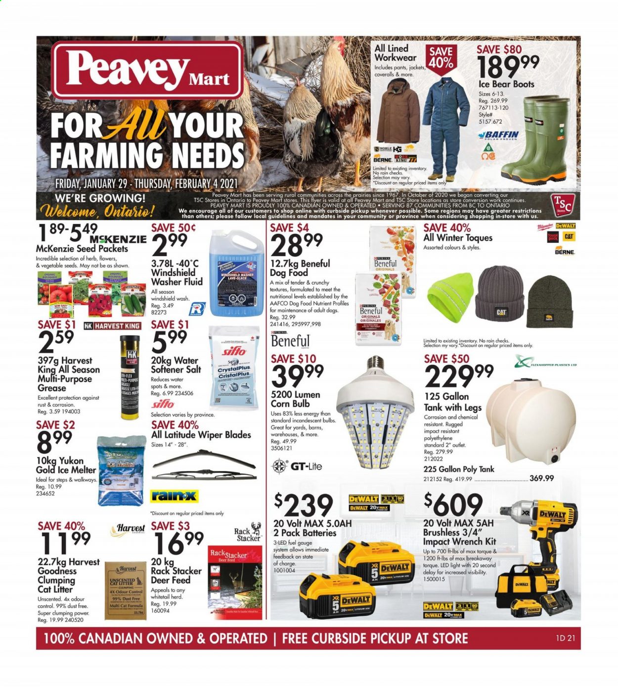 thumbnail - Peavey Mart Flyer - January 29, 2021 - February 04, 2021 - Sales products - gallon, bulb, cat litter, tank, animal food, dog food, plant seeds, jacket, pants, boots, DeWALT, LED light, water softener, herbs, wiper blades, ice melter, washer fluid. Page 1.