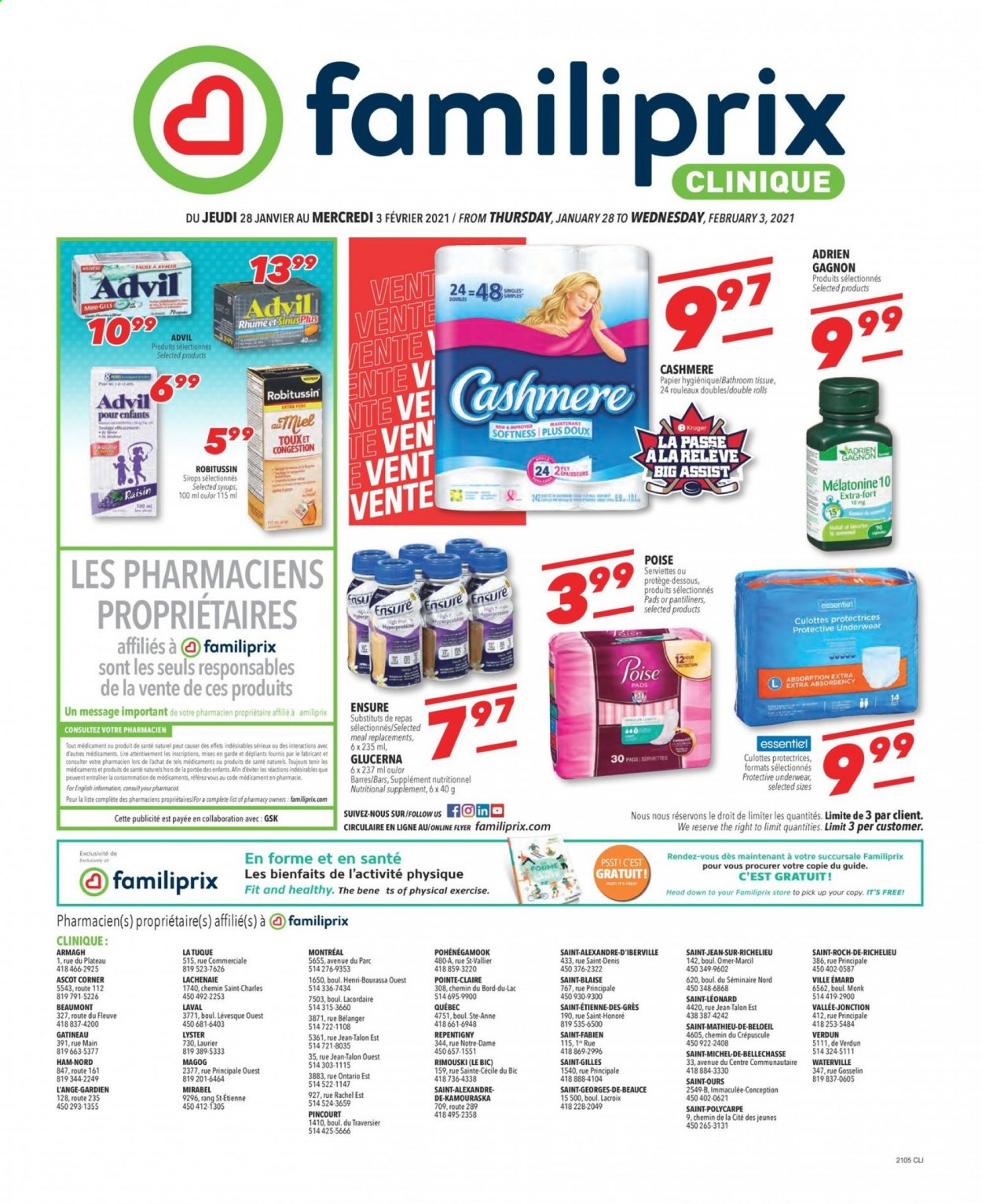 thumbnail - Familiprix Clinique Flyer - January 28, 2021 - February 03, 2021 - Sales products - bath tissue, pantiliners, Clinique, BIC, Glucerna, Advil Rapid, nutritional supplement, Robitussin. Page 1.