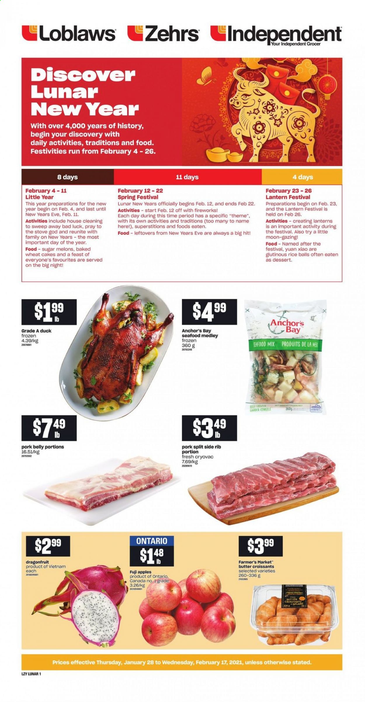 thumbnail - Loblaws Flyer - January 28, 2021 - February 17, 2021 - Sales products - cake, croissant, apples, Fuji apple, melons, seafood, Anchor, rice balls, sugar, pork belly, pork meat. Page 1.
