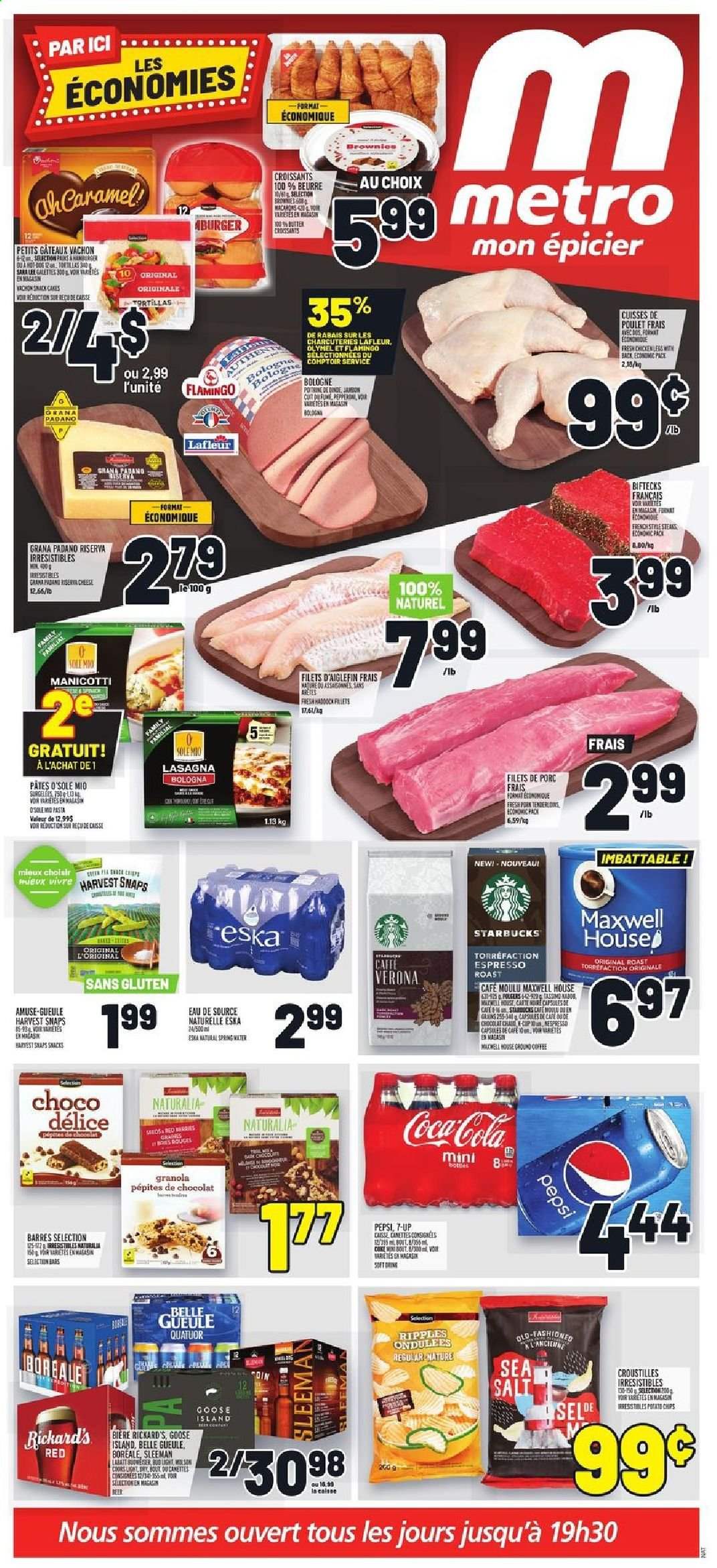thumbnail - Metro Flyer - January 28, 2021 - February 03, 2021 - Sales products - tortillas, croissant, Sara Lee, spinach, haddock, pasta, lasagna meal, bologna sausage, cheese, Grana Padano, snack, Harvest Snaps, caramel, Coca-Cola, Pepsi, 7UP, Maxwell House, Starbucks, beer, chicken legs, chicken, pork tenderloin, granola, chips, Coors. Page 1.