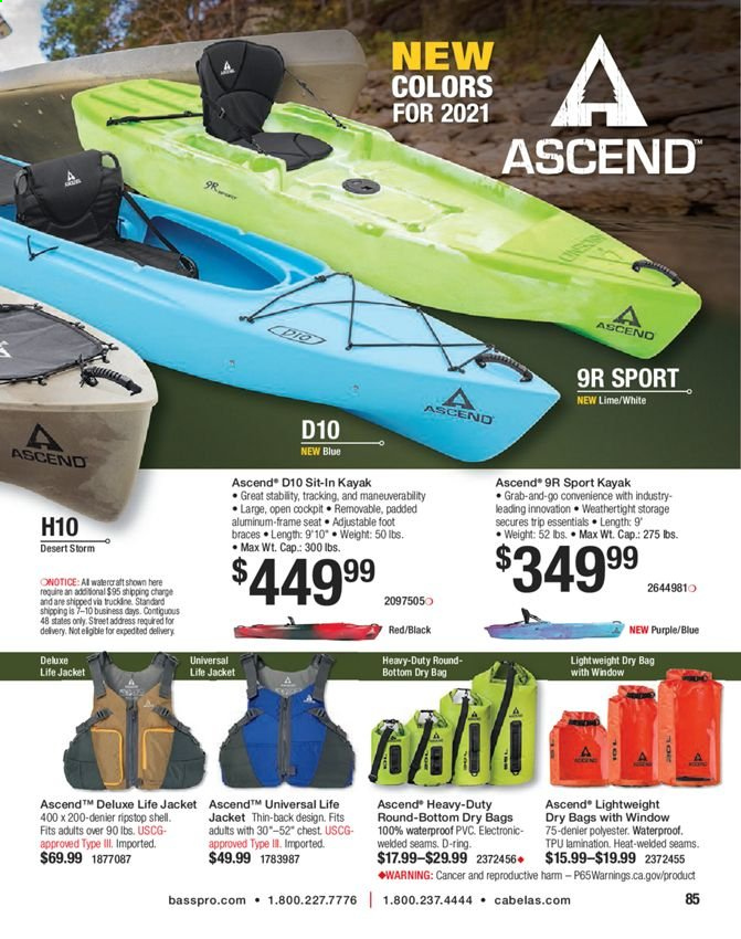 thumbnail - Bass Pro Shops Flyer - Sales products - life jacket, kayak. Page 85.