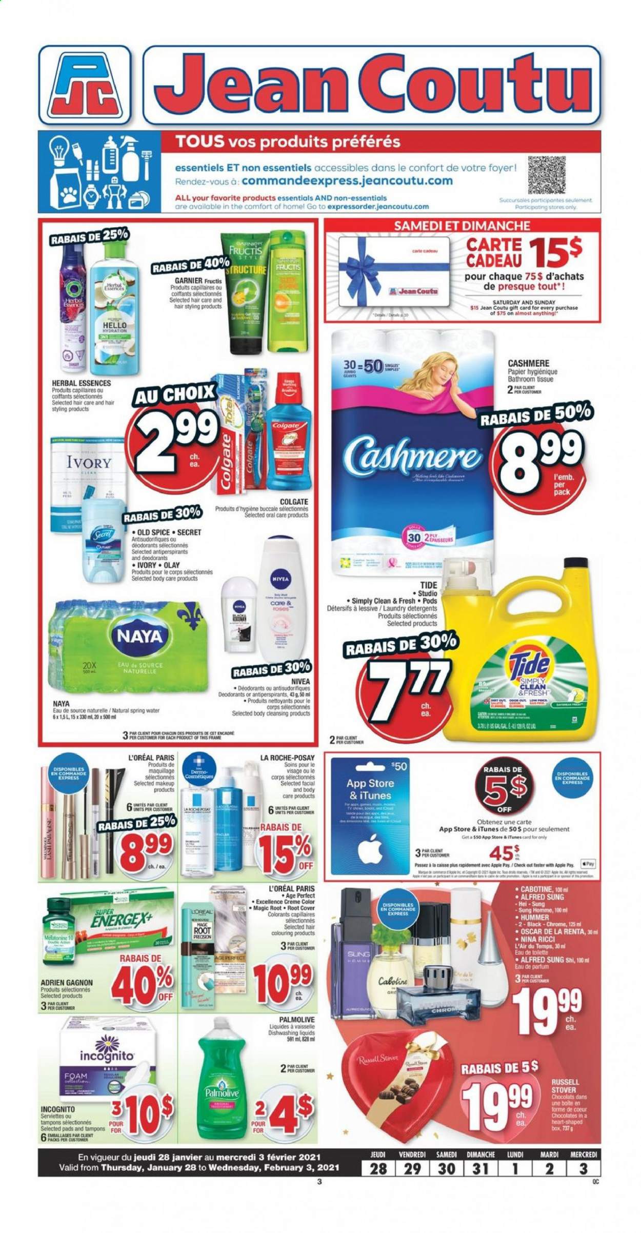 thumbnail - Jean Coutu Flyer - January 28, 2021 - February 03, 2021 - Sales products - chocolate, spice, spring water, bath tissue, Tide, Palmolive, tampons, L’Oréal, La Roche-Posay, Olay, Herbal Essences, Fructis, makeup, Garnier, Nivea, Old Spice, deodorant. Page 1.