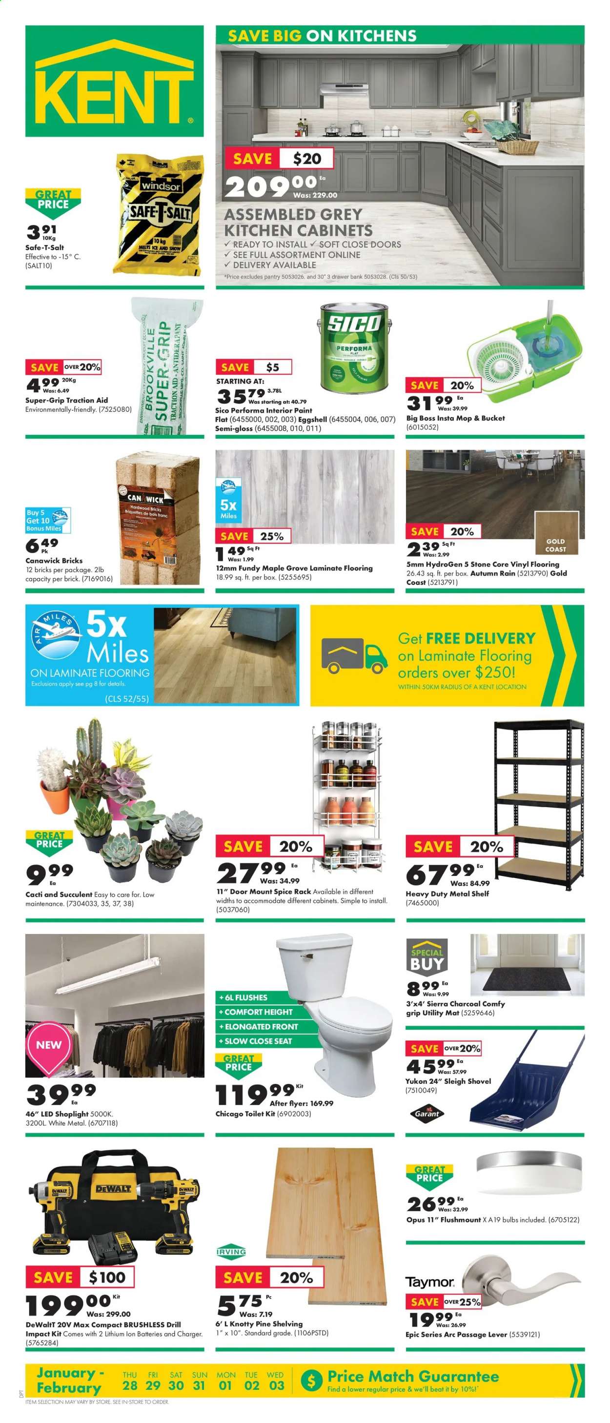 thumbnail - Kent Flyer - January 28, 2021 - February 03, 2021 - Sales products - salt, spice, mop, bulb, toilet, paint, laminate floor, DeWALT, drill, shovel, briquettes, succulent. Page 1.